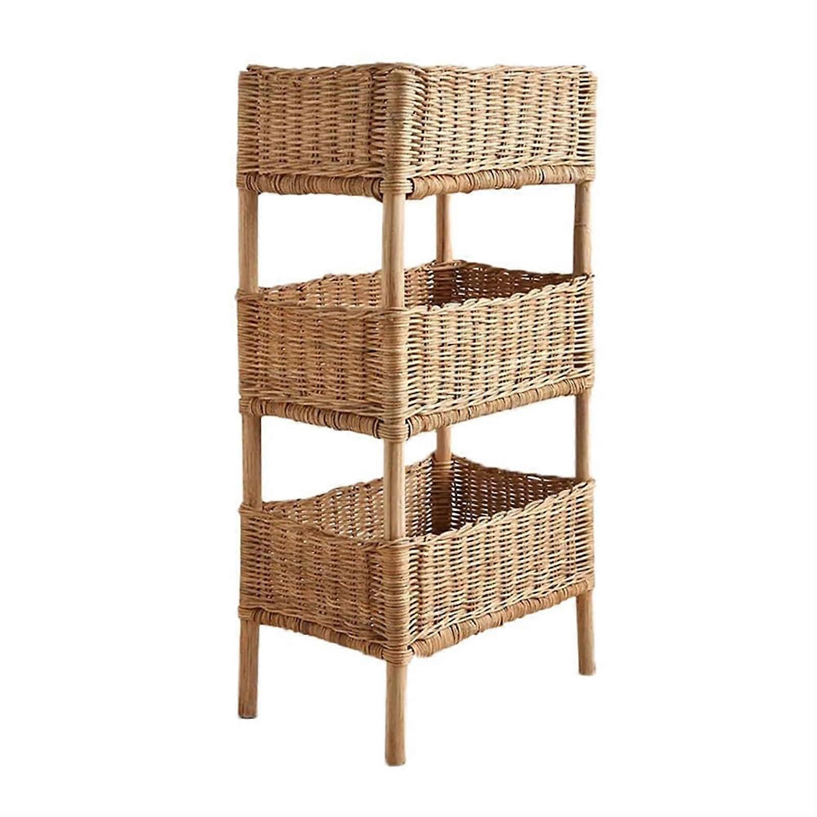 3 Tier Wicker Basket Stand, Handwoven Rattan Storage Rack, Rustic Farmhouse Vertical Organizer