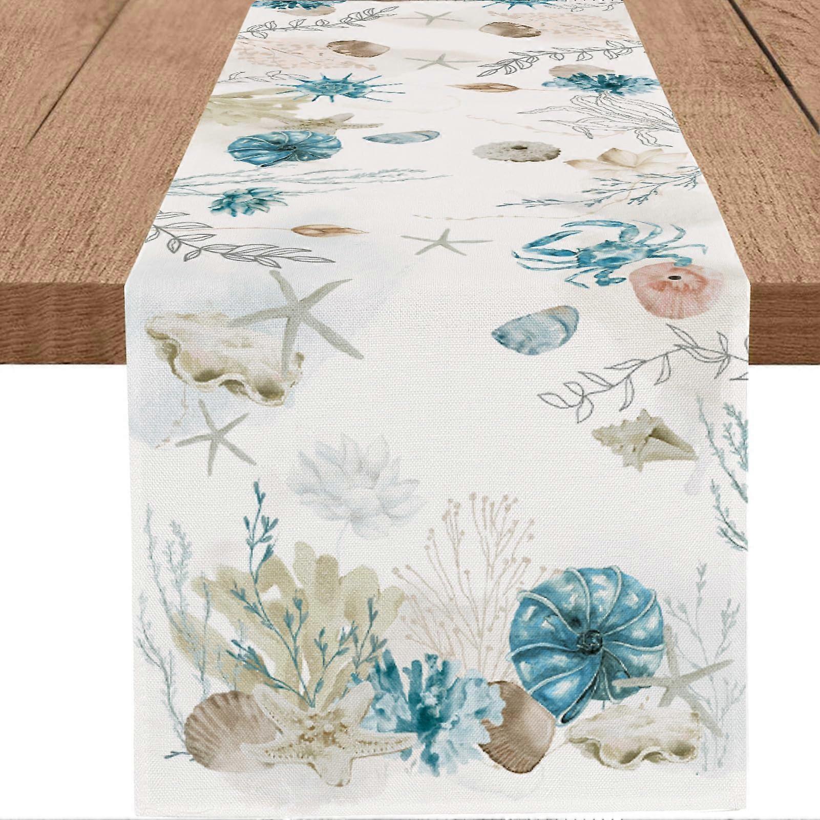 Blue Ocean Coastal Table Runner 13x36 Seashell Burlap Nautical Dining Decor for Summer Parties