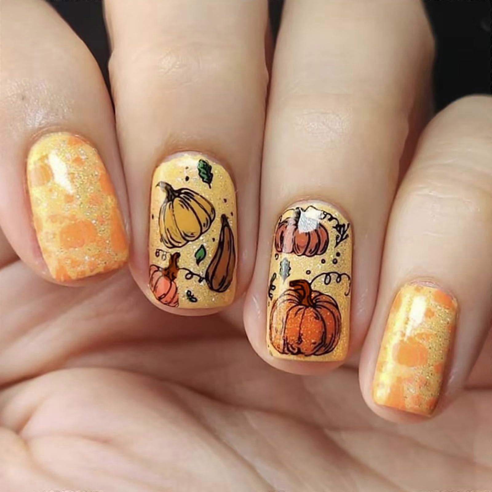 Pumpkin Press On Nails Short Square False Nails for Fall Thanksgiving Instant Salon Look