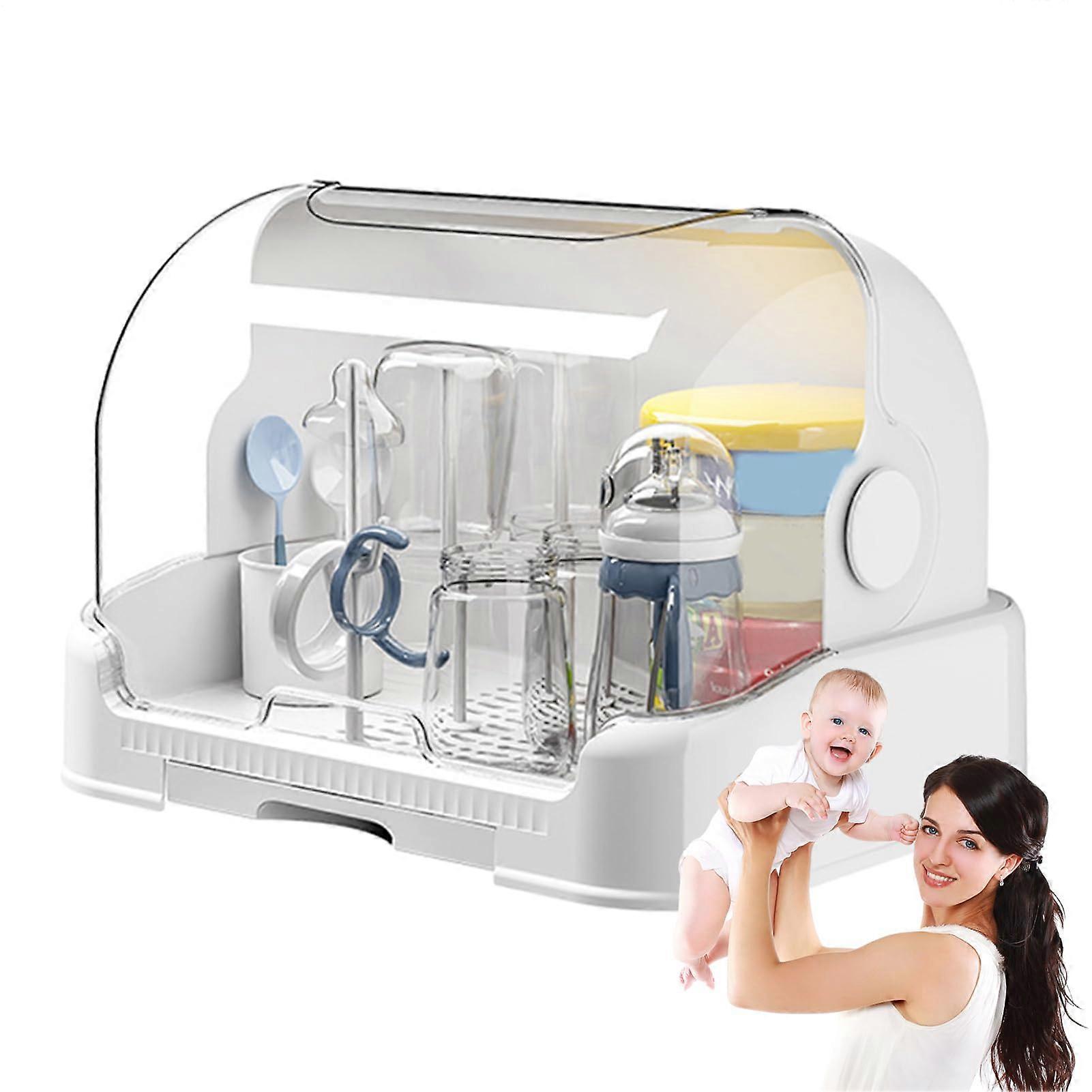 Dustproof Baby Bottle Drying Rack with Cover and Storage Box, SpaceSaving Holder White