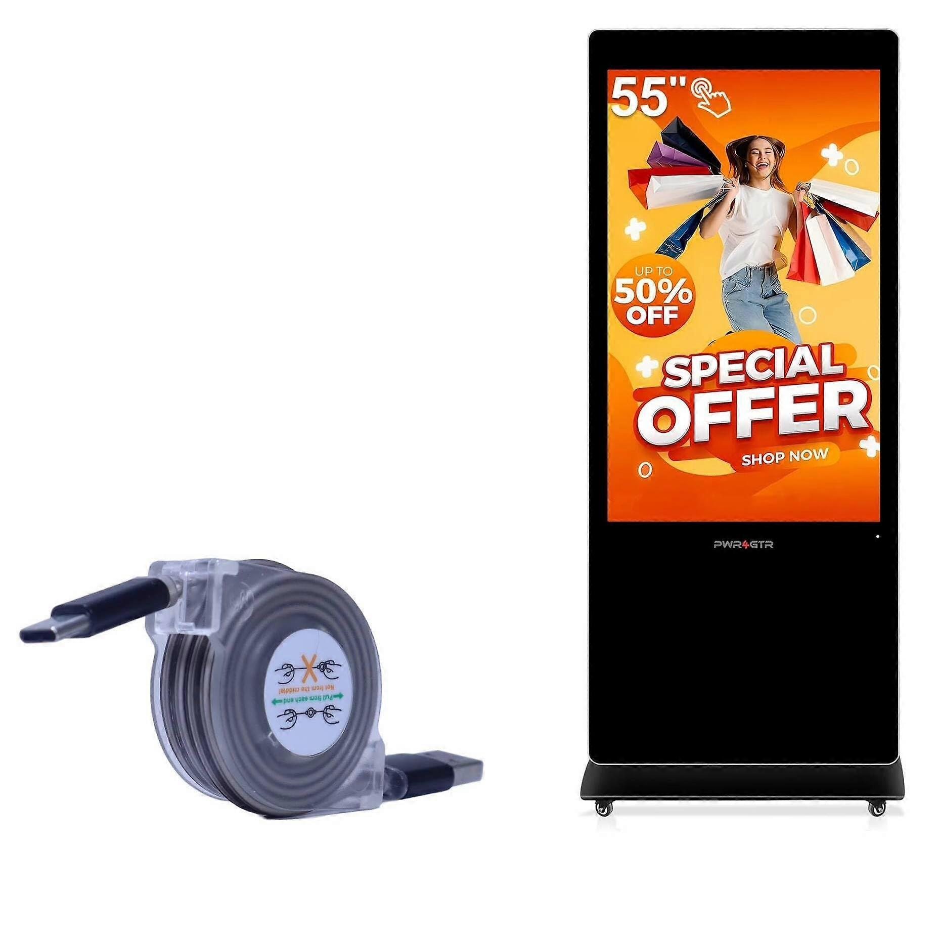 USB TypeC Retractable Cable for PWR4GTR 55 Inch Digital Signage, Tangle Speed Charging