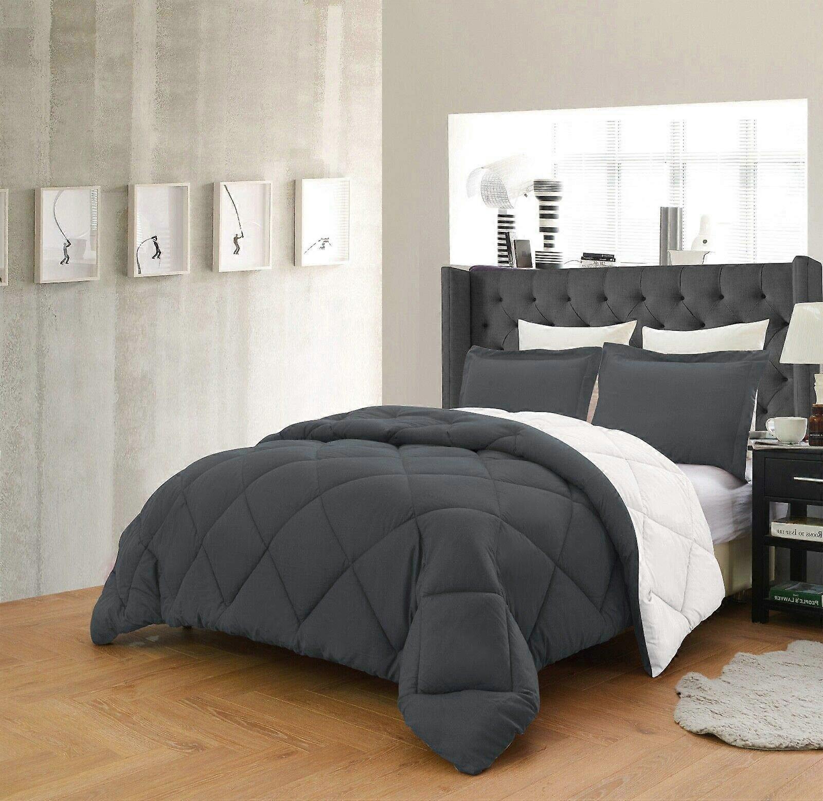 Full Size Reversible Comforter Set White and Gray All Season Down Alternative 3 Piece