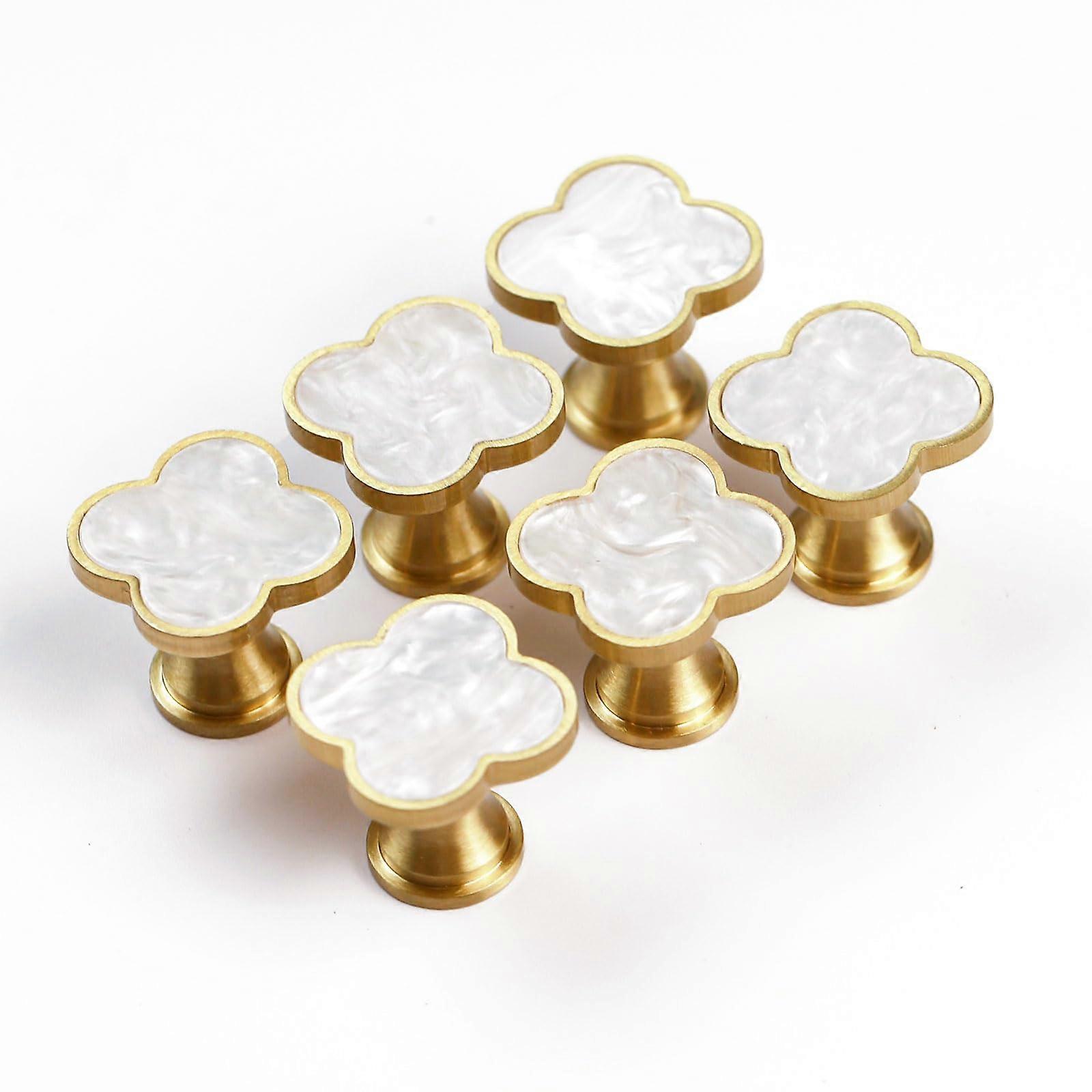 27mm Solid Copper Cabinet Knobs Brass Gold Drawer Pulls for Kitchen Wardrobe Doors (6 FourLeafPear White)