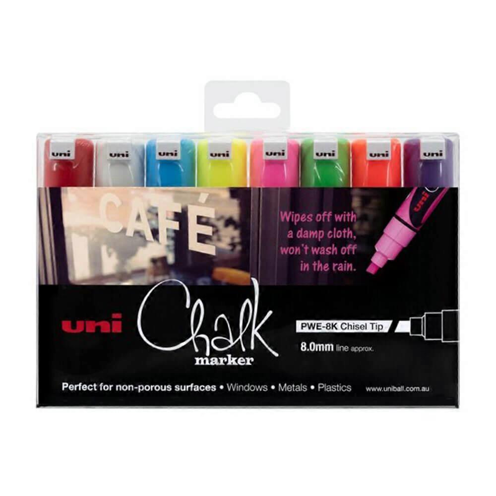 8PK Uni Chalk Marker 8.0mm Chisel Tip Assorted Rain Resistant Water Based