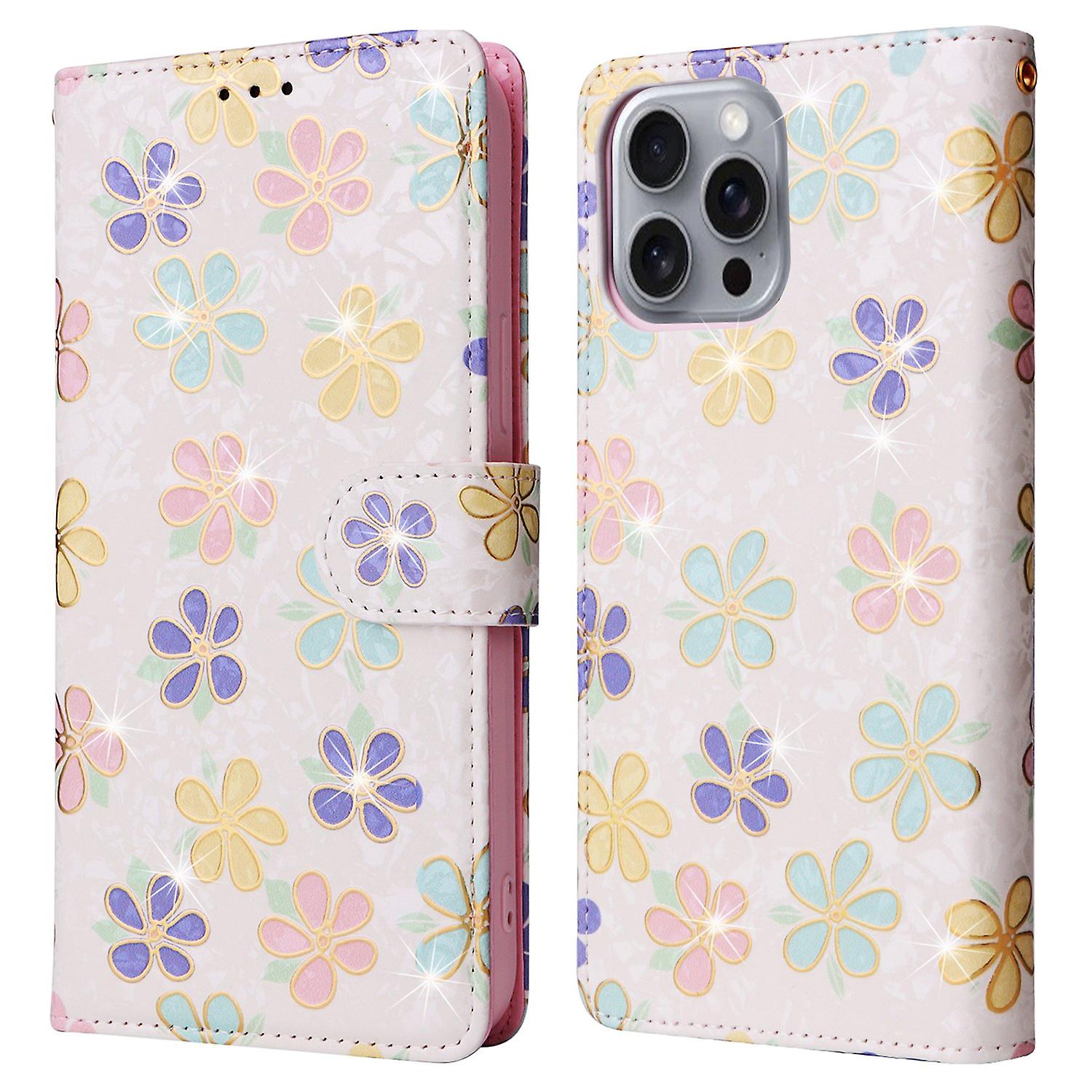 For iPhone 16 Pro Max Cell Phone Case Lacquered RFID Blocking PU Leather Cover - Colorful Flower