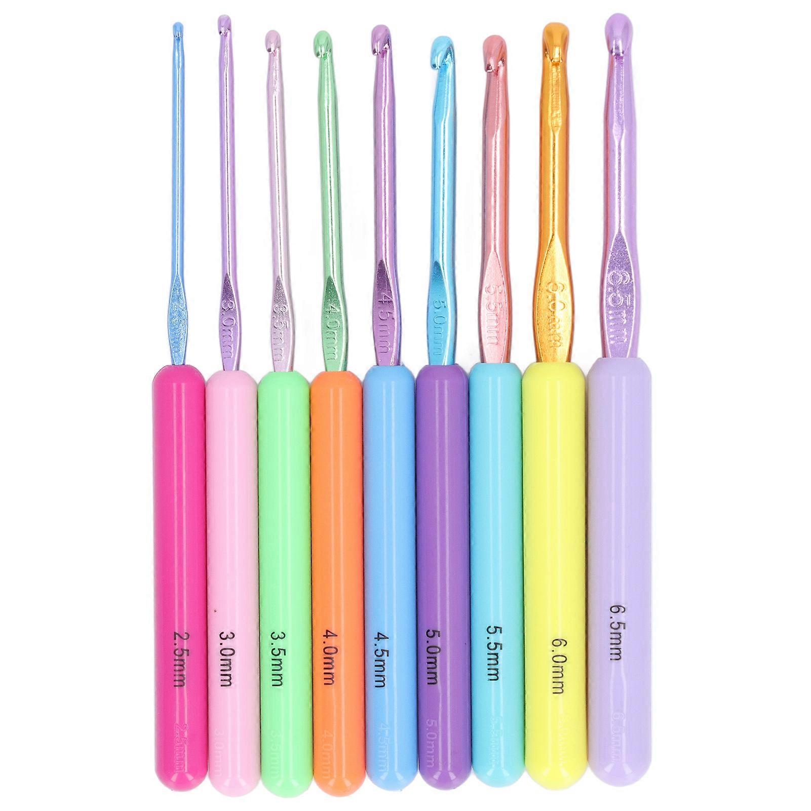 9pcs Crochet Hooks Colored Plastic Ergonomic Handle Aluminum Recognizable Size Diy Knitting Needles Set