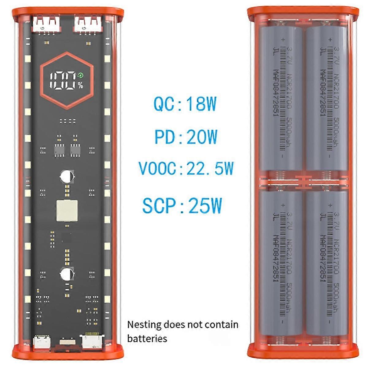 21700 Battery Storage Box 4 Slots DIY Power Bank Box for 21700 Charger Dual USB Output TypeC Input Orange