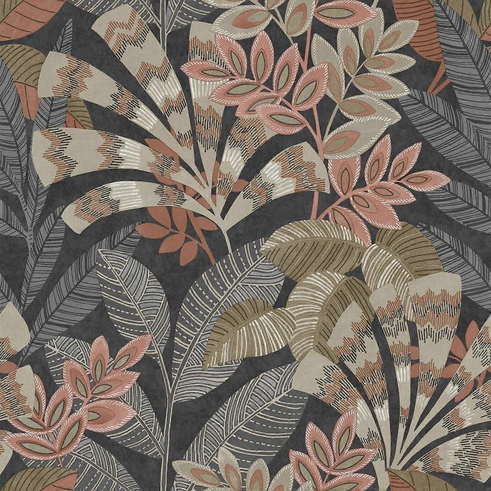 Feines Dekor Asha Blätter Anthrazit Tapete