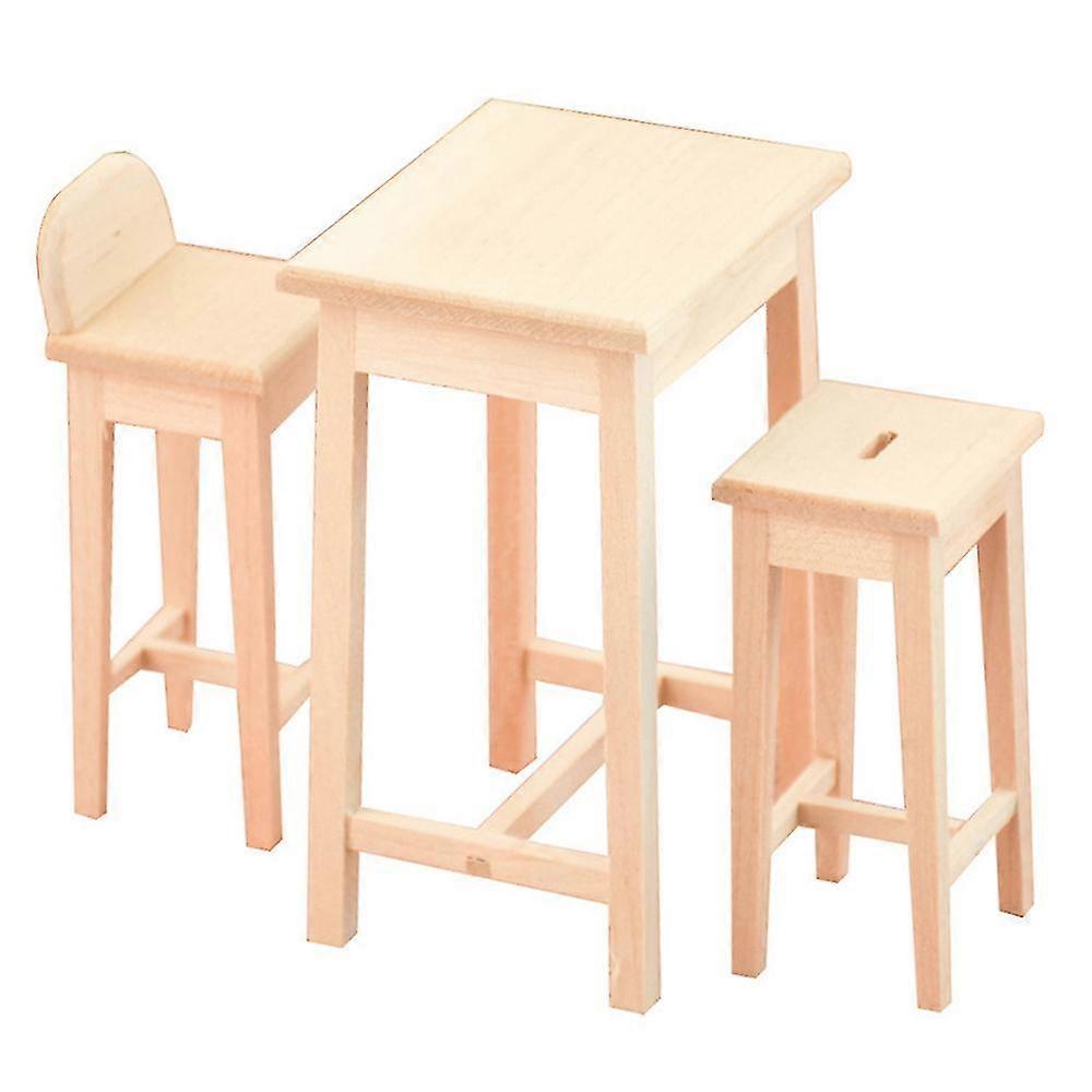 1/12 Scale Furniture Wooden Bar Table And High Chairs Set