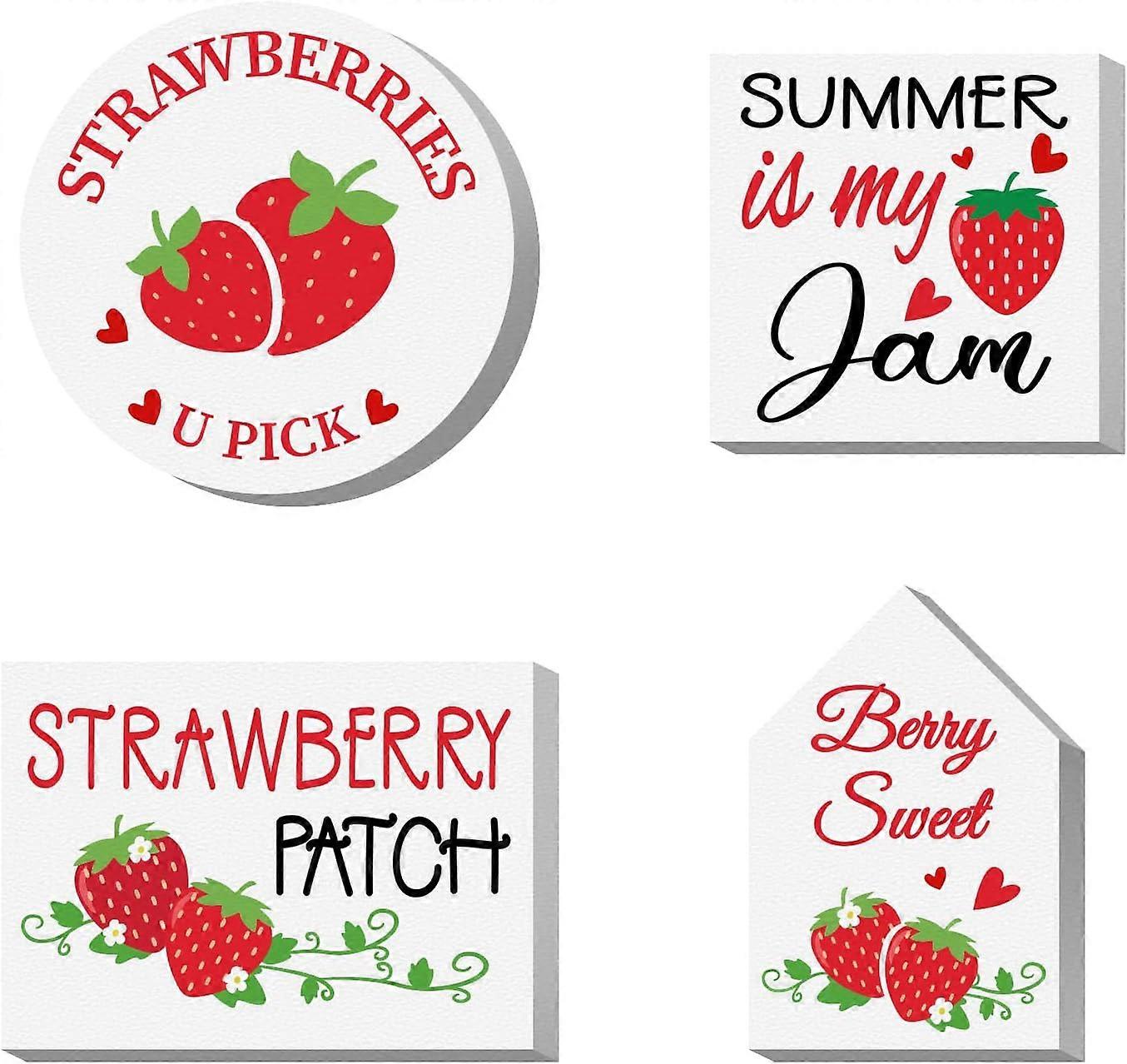 4pcs/Set Wood Sign Strawberry Theme Tiered Tray Decor Set Self Standing 3D Wood Sign for Craft Projects Signs DIY Projects Square Round Rectangle Poly