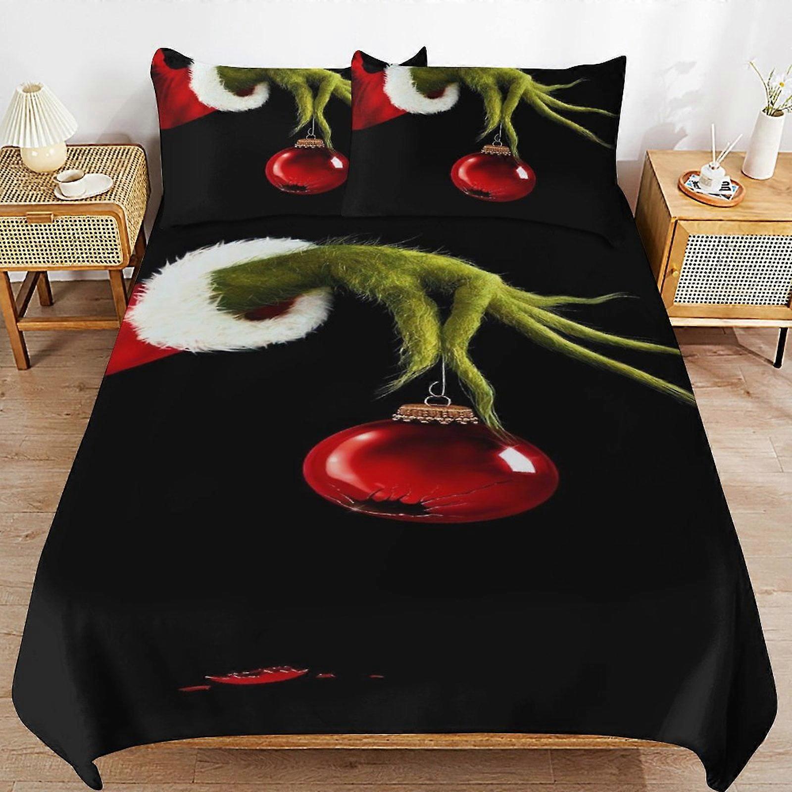 v4384 Lençóis de Cama Natal Grinc-h Grin-ch 3 PCS Conjunto de Conforto com 2 Fronhas, Conjunto de Lençóis de Natal Grinc-h Grin-ch Conjunto de Lençóis para Crianças Adul