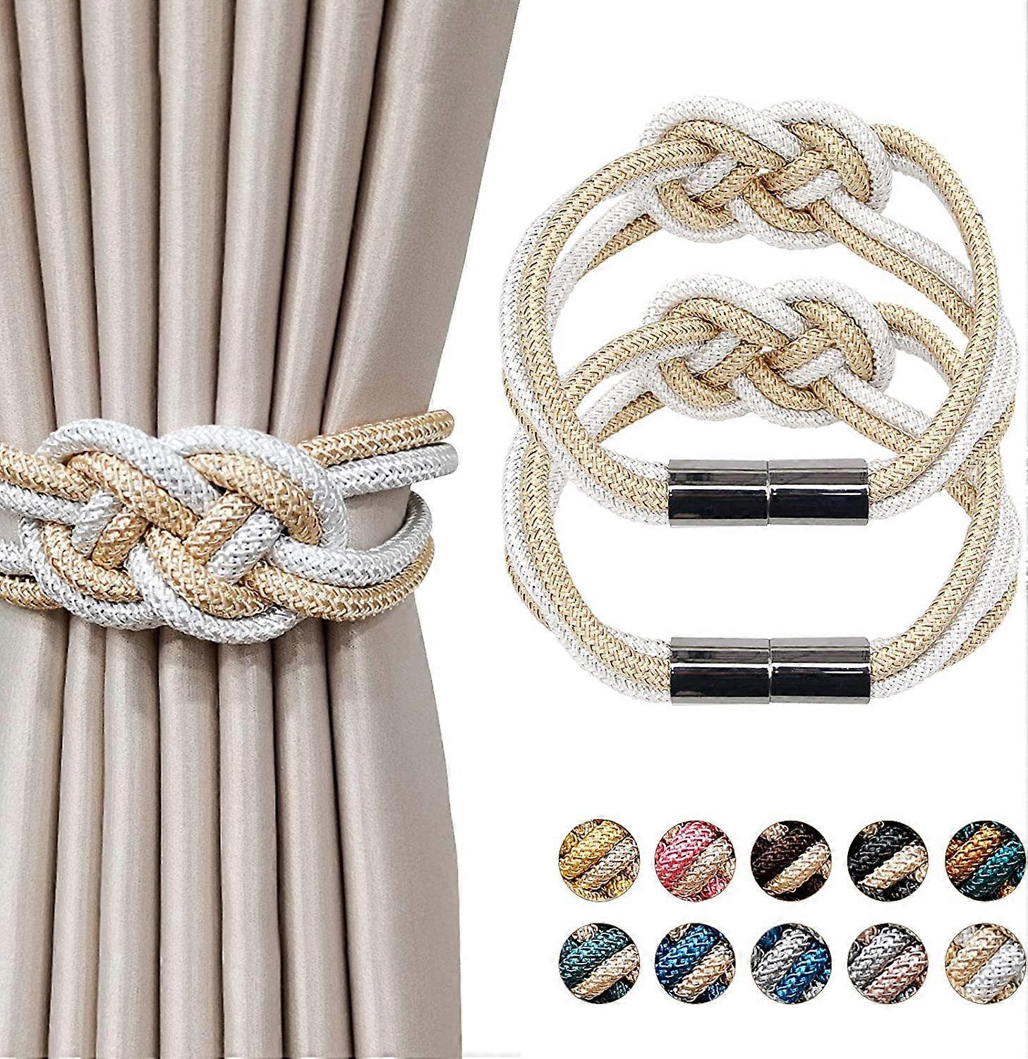 Wuhing-SJ-Beige And White 2 Pack Strong Magnetic Curtain Tiebacks Upgrade Nordic Simple Style Drape Tie Backs Double Color Weave Rope Knot Decorative