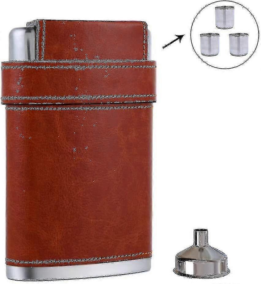 Pocket Hip Flask 8 Oz With Funnel - Stainless Steel With Leather Wrapped Cover & 100% Leak Proof