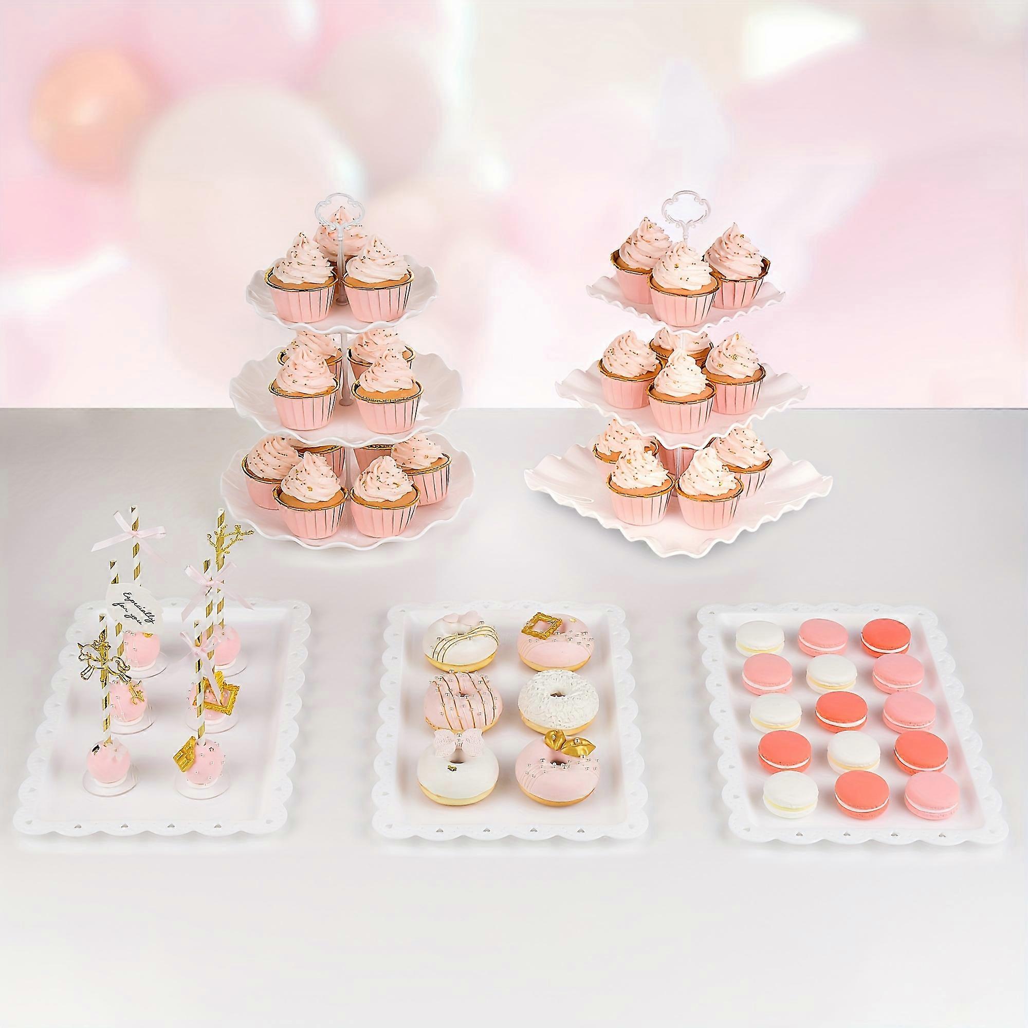 5pcs Cupcake & Dessert Stand Set - Stylish Square & Round Stands with 3-tier Display + 3 Versatile Appetizer Trays - Perfect for Weddings, Birthdays, 