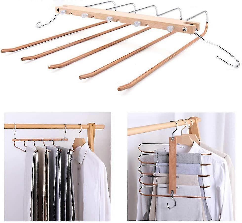 Pants Hanger, Multiple Pants Hangers, Space Saving Hanger, 5 In 1 Wooden Pants Hangers