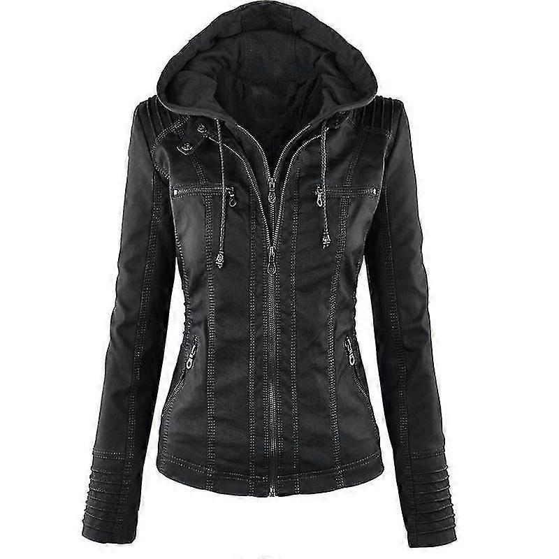 Γυναίκες Μοτοσικλέτα Hooded Pu Leather Biker Jacket Coat Outerwear-MXBC