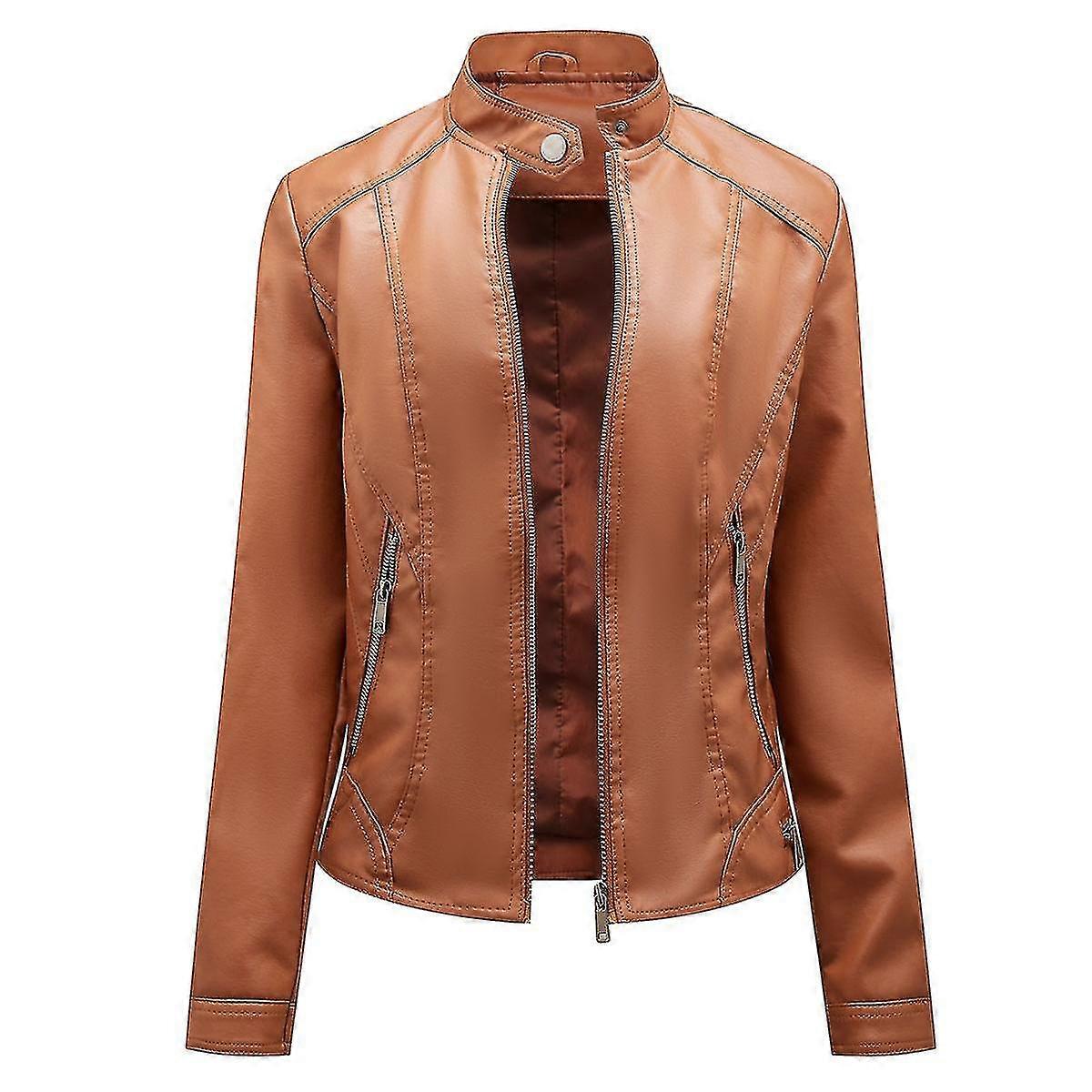 Naiwang Women's Solid Color Stand Collar Zip Slim Short Leather Jacket