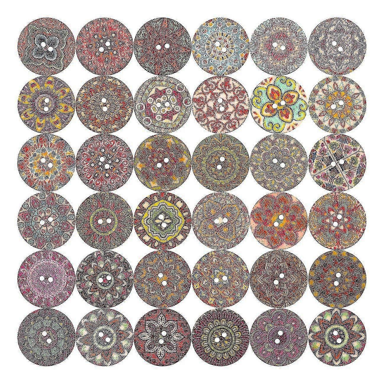 100 Pcs Mixed Round Wooden Buttons Colorful Retro Button For Crafting Sewing Decoration Flower Painted - 20mm