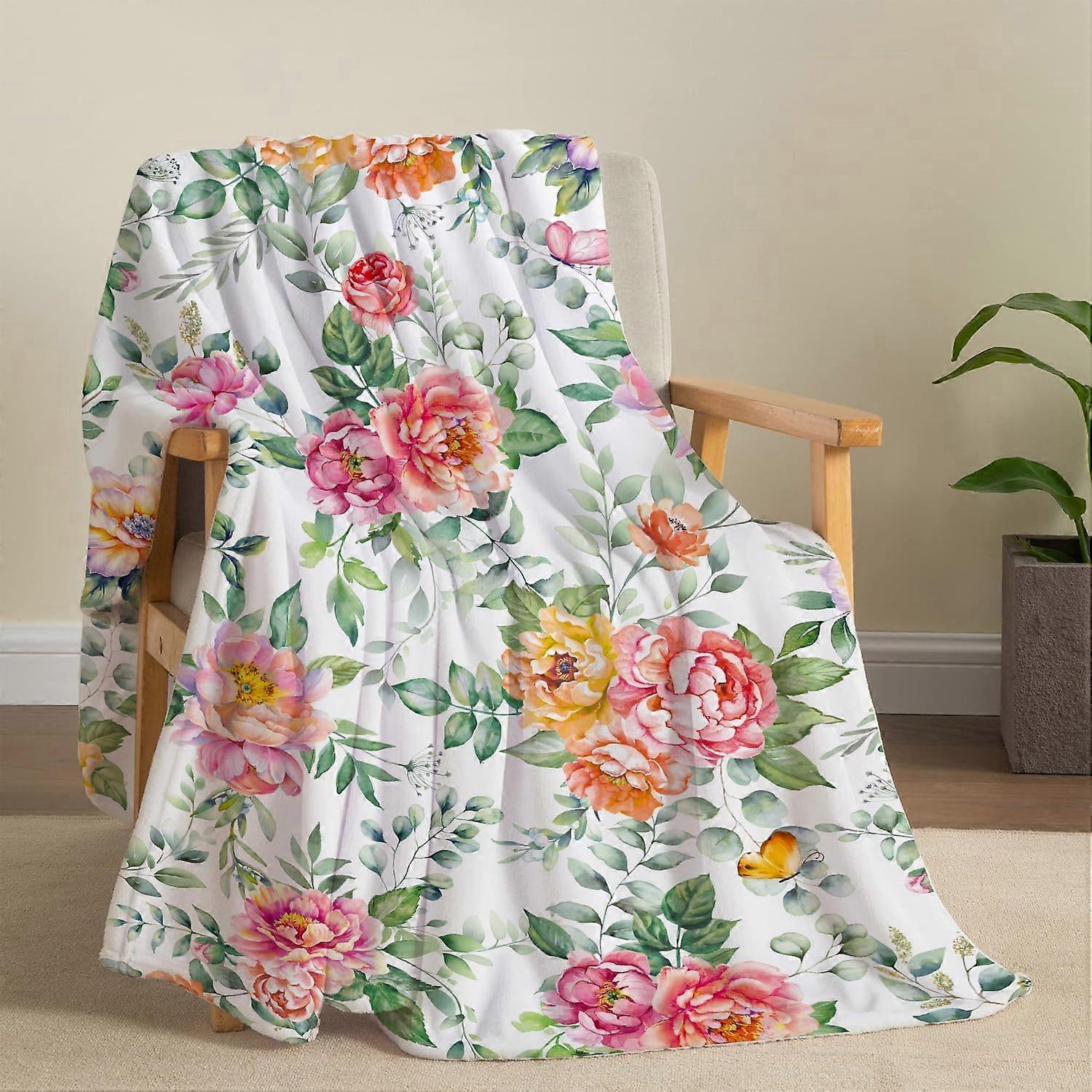 Watercolor Flower Throw Blanket Colorful Botanical Floral Blanket Super Soft Flannel Throw Blanket Lightweight Fluffy Plush Fuzzy Bed Blanket for Bedd