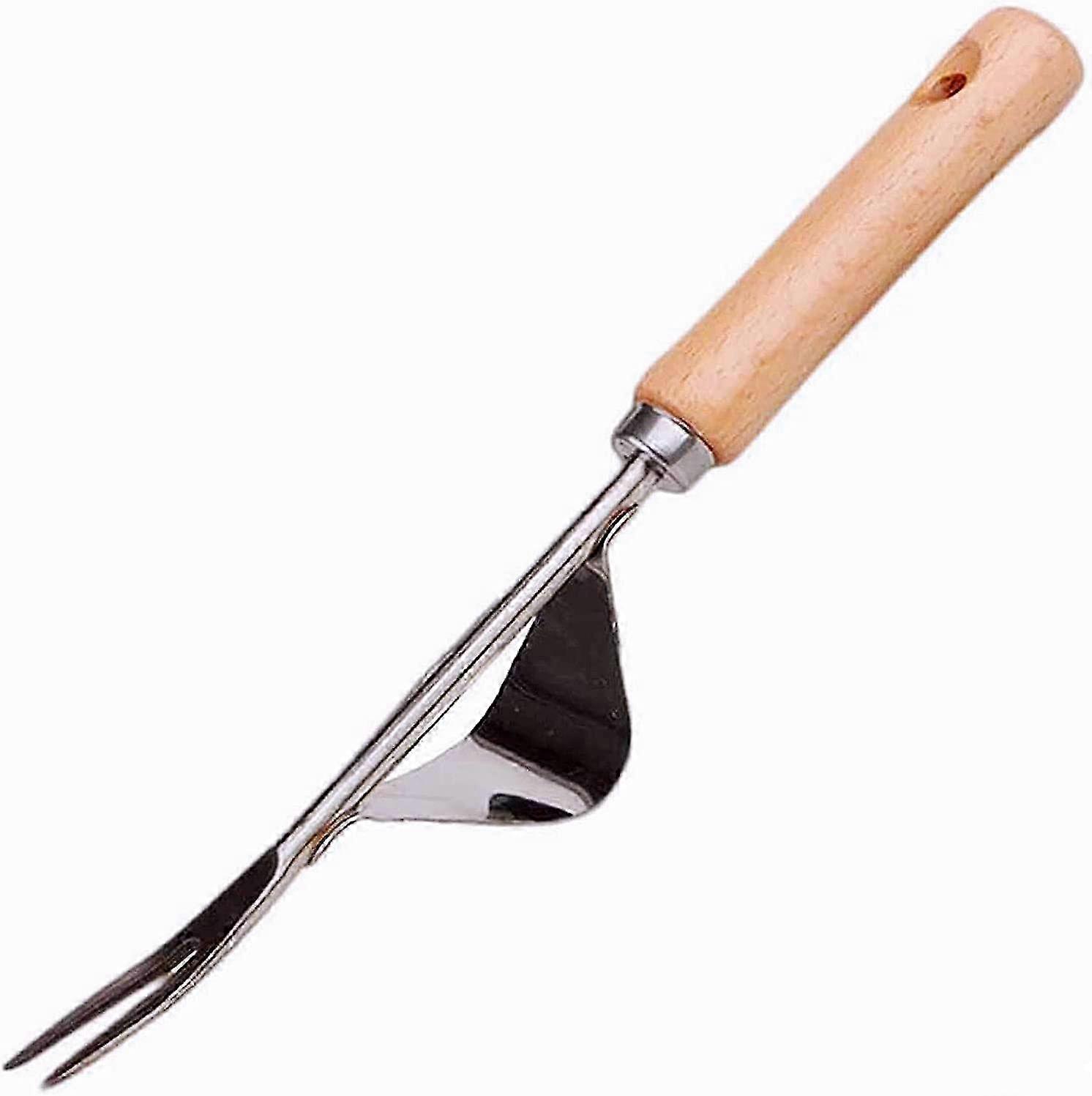 Manual weeder in stainless steel with, wooden handle for the rapid weeding of soils and gardens Y shape manual root weeding fork.