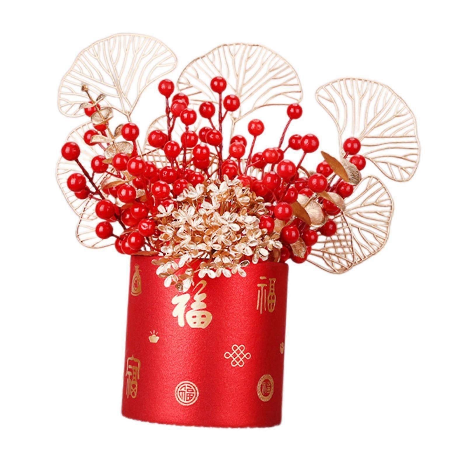New Year Blessing Bucket Red Flower Arrangement Bucket for Table Centerpiece Style A