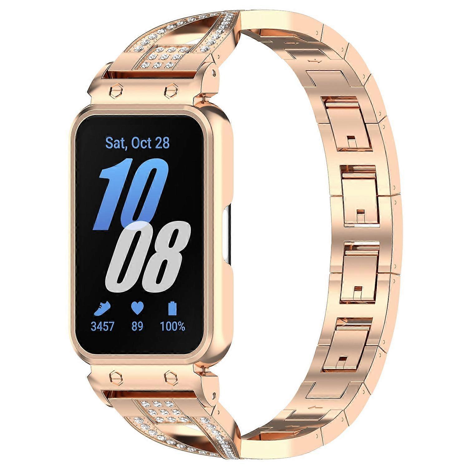 For Samsung Galaxy Fit 3 Stainless Steel Diamond Design with Integrated Case Replacement Bracelet Rose Gold