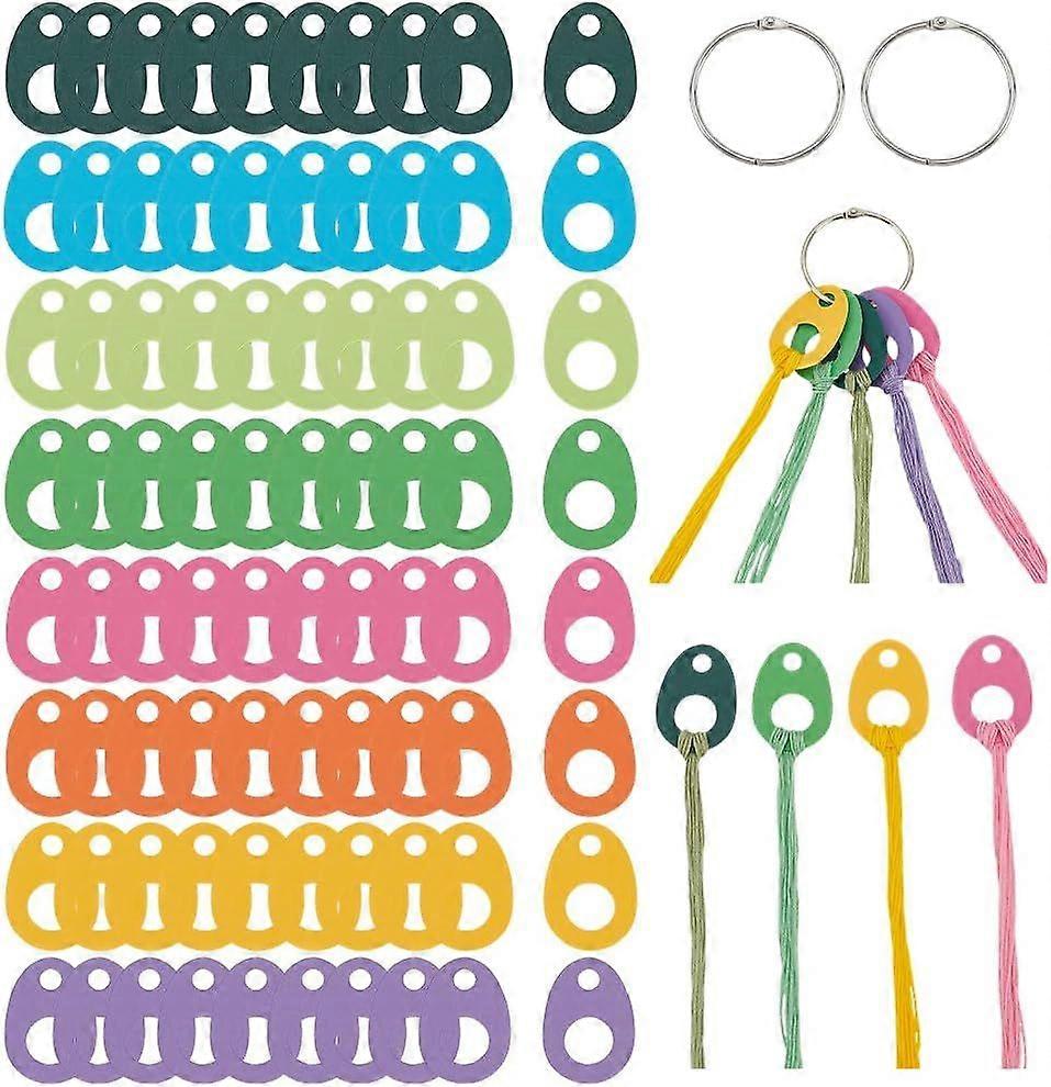 80Pcs 8 Colors Paper Thread Drops 1.97x1.4Inch Teardrop Floss Bobbin Drops Cross Stitch Thread Organization with Iron Floss Ring for Craft DIY Sewing