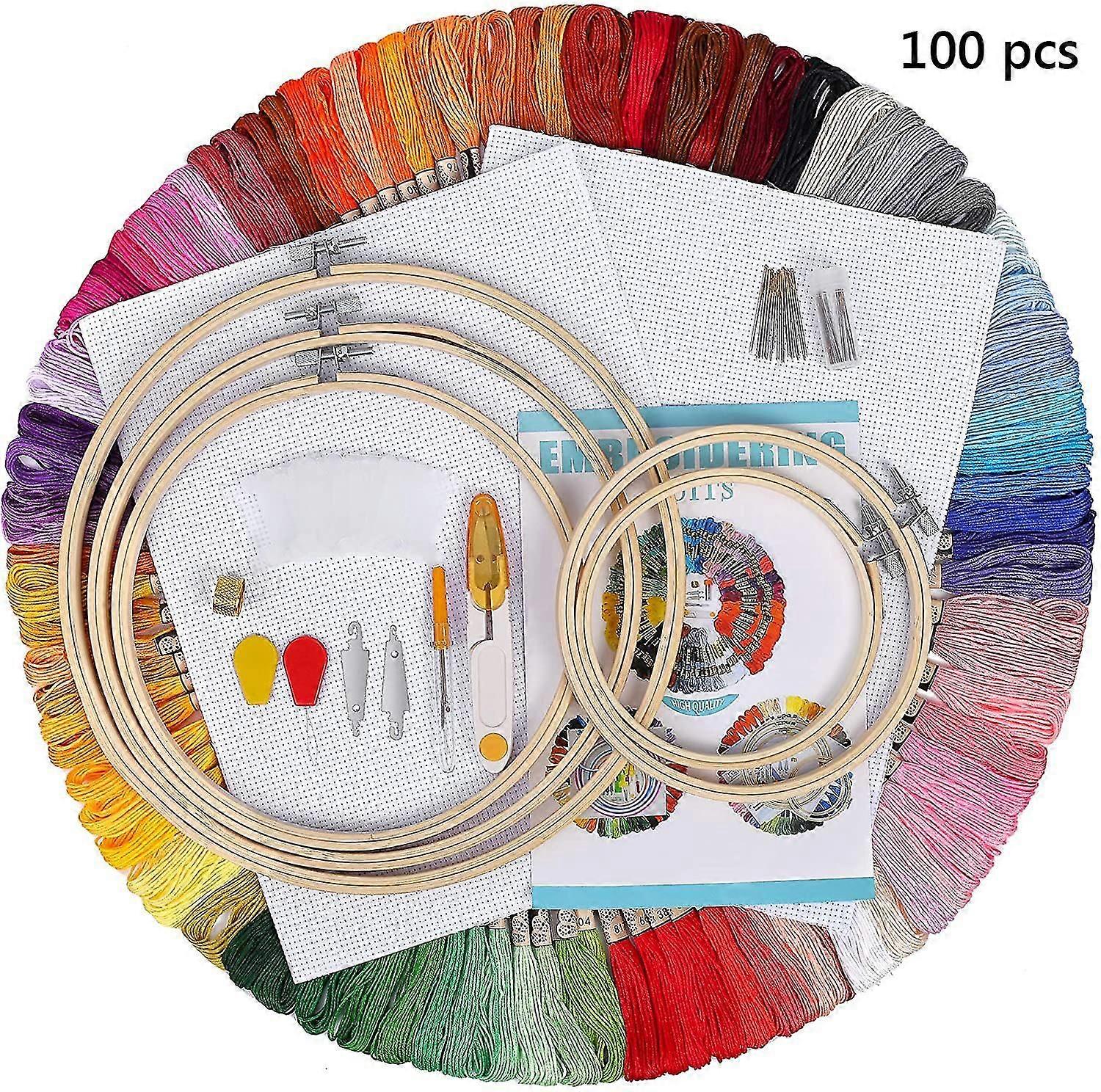 Embroidery Starter Kit - Complete Cross Stitch Tool Set With 100 Color Threads And 5 Bamboo Hoops