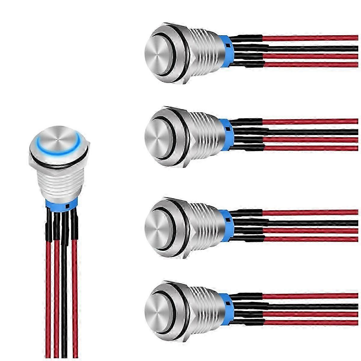 12mm Push Button Switch 5PCS with Pre Wired Harness 12V 24V Self Locking Latching LED Round Waterpr