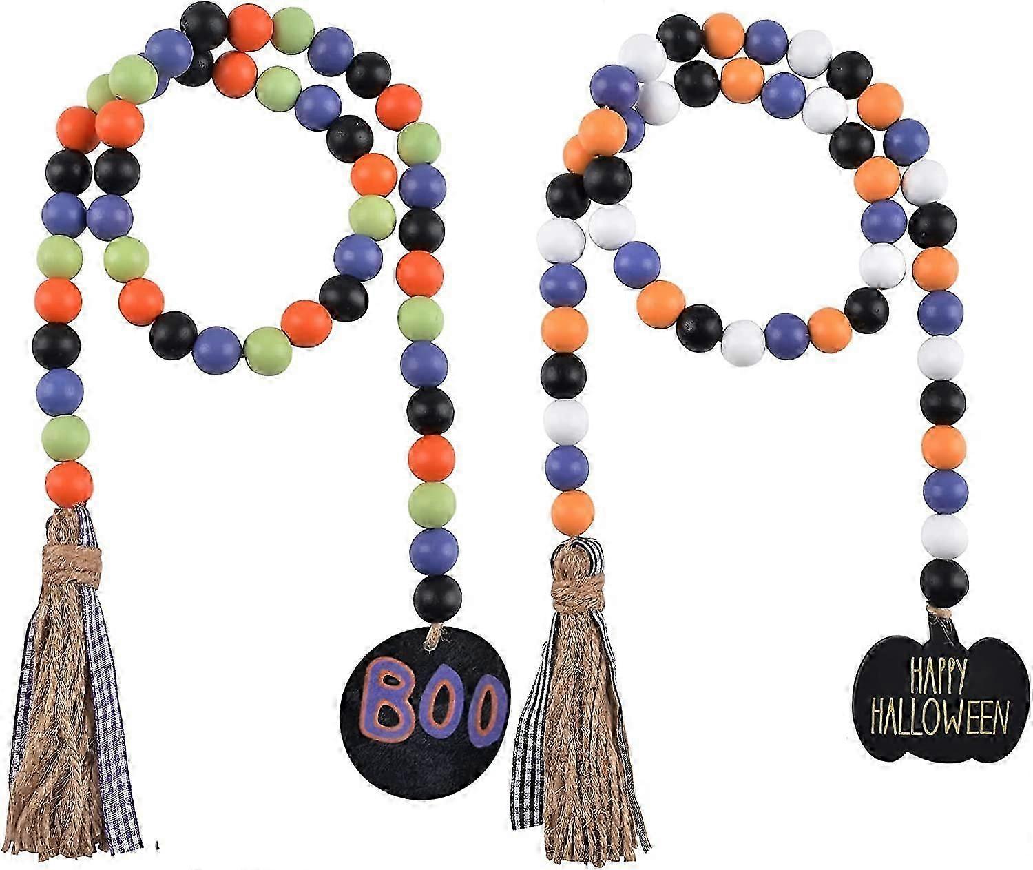 Halloween Bead Wreath Wooden w/Checkered Fringe & Boo, 2 Piece Wooden Bead Wreath Home Decor