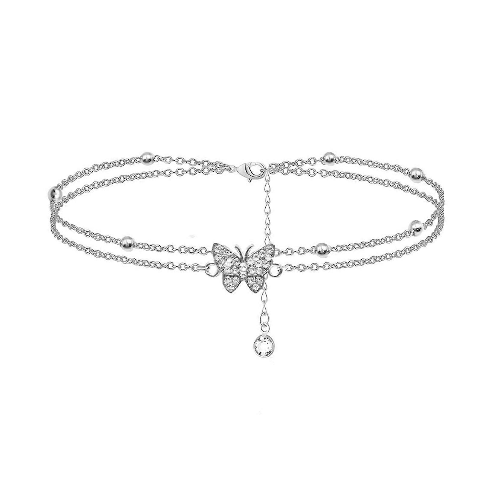 Unique Adjustable Anklets Double Layer Butterfly Anklet Sparkling Anklet Fashionable Feet Chain Copper Material for Feet