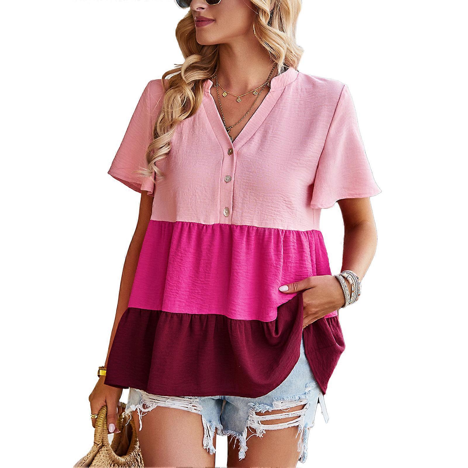 Women Ruffle Hem Tops Plus Size Button Front Ruffle Hem Short Sleeve Color Block V Neck Blouse Shirt