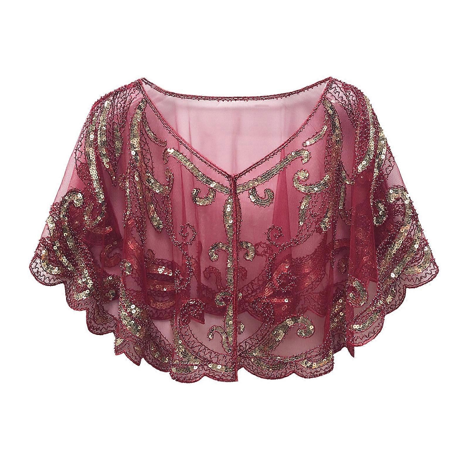 Beadwork Shawl Wedding Party for Costume for Party Masquerade Sparkling Shawls and Wrap for Evening Party Wine red and gold