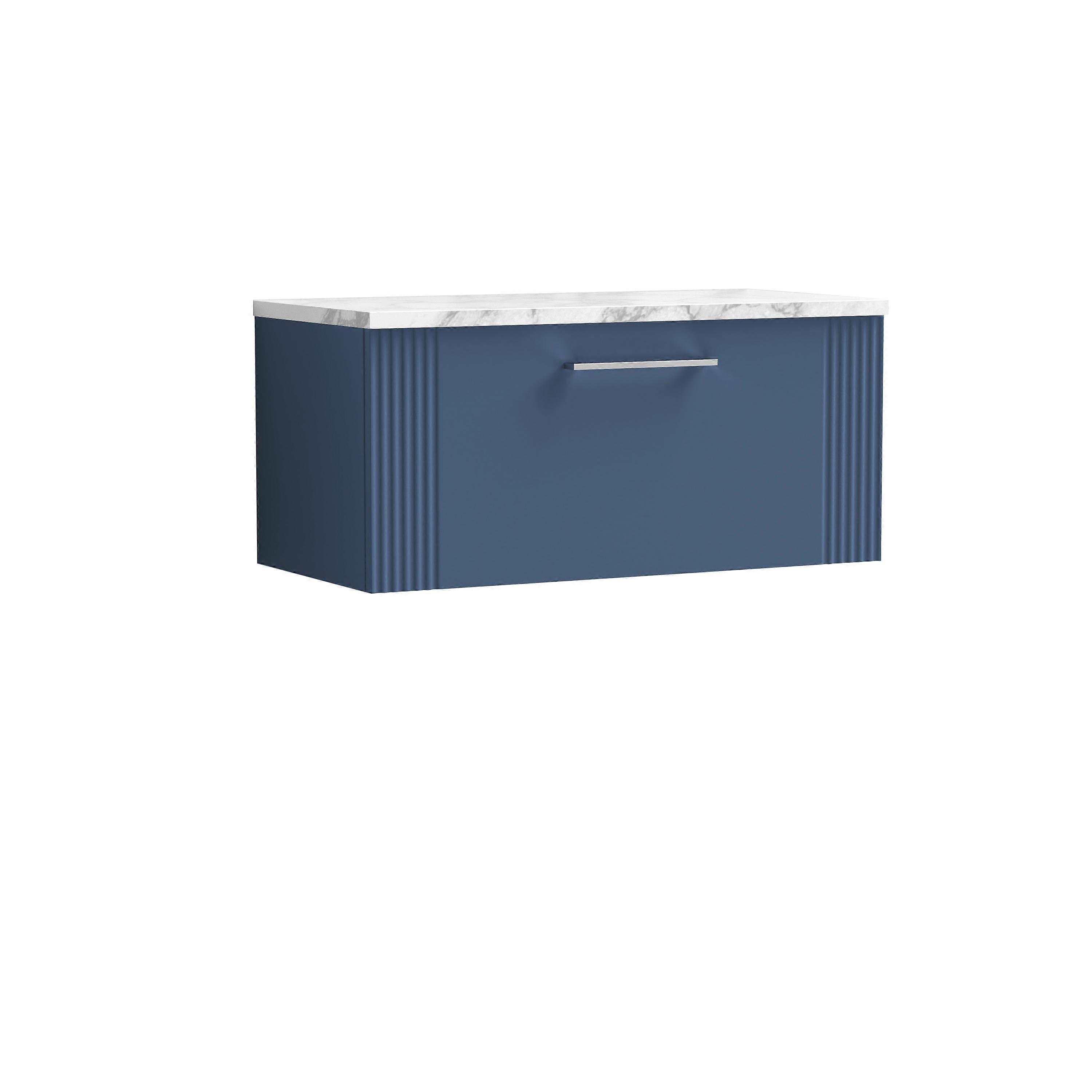 Partial Fluted 1 Drawer Wall Hung Vanity Unit with Carrera Marble Laminate Worktop - 800mm - Satin Blue 