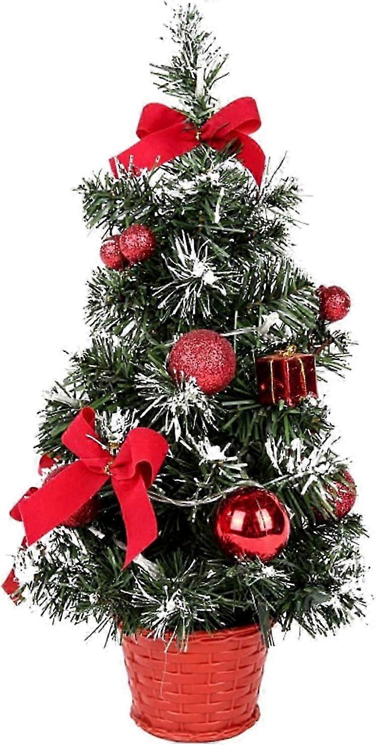 Luminous Artificial Christmas Tree with  Snow, 40 cm Small Tabletop Christmas Tree LED Light Garlands with Bow and Pine Cone
