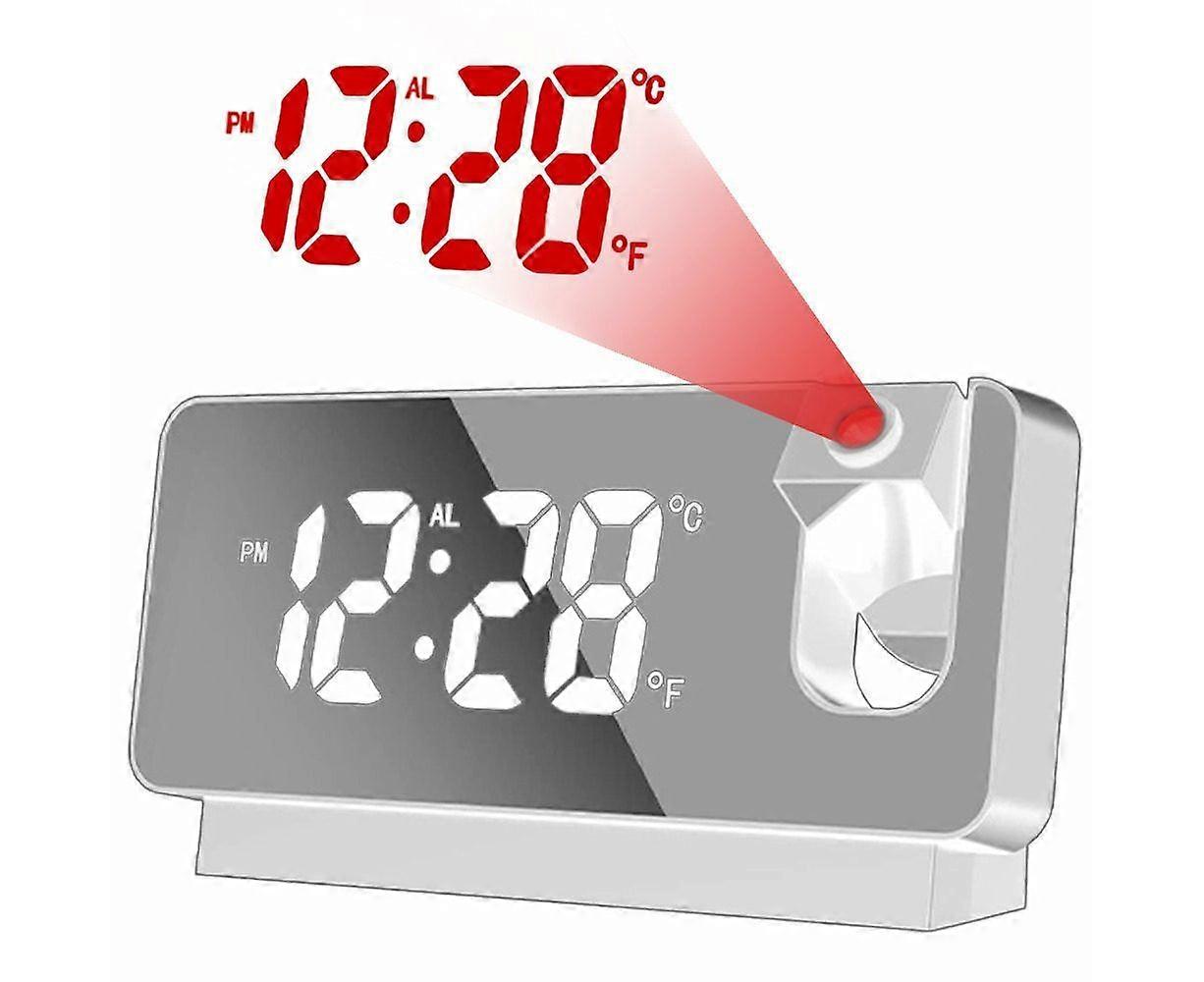 Versatile White Digital Projection Alarm Clock with LED Display, Temperature Sensor & Adjustable Brightness