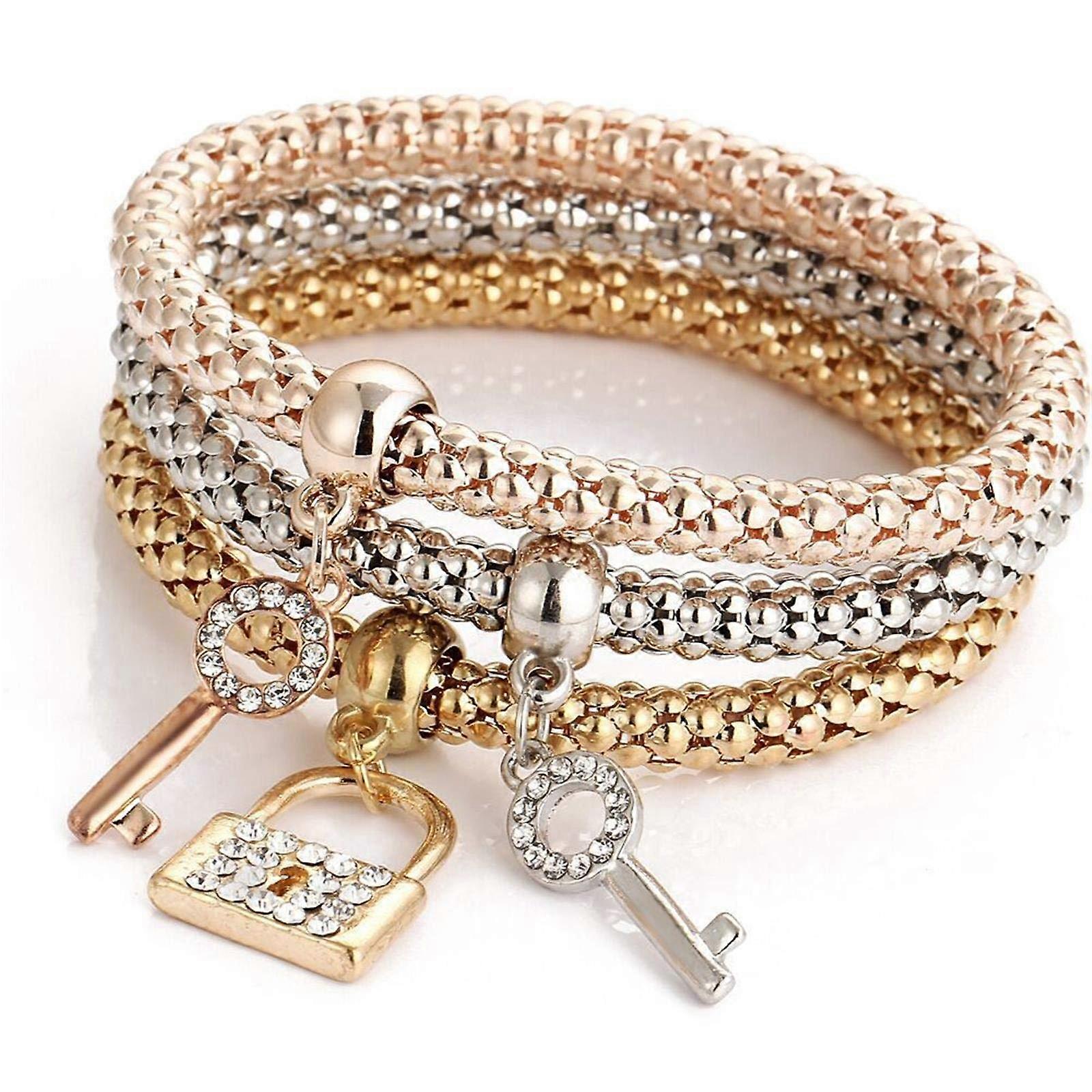 3pcs Set Layered Stretch Bracelets with Butterfly Heart Lock Crown Design, Crystal Jewelry in Gold/Silver/Rose Gold for Women