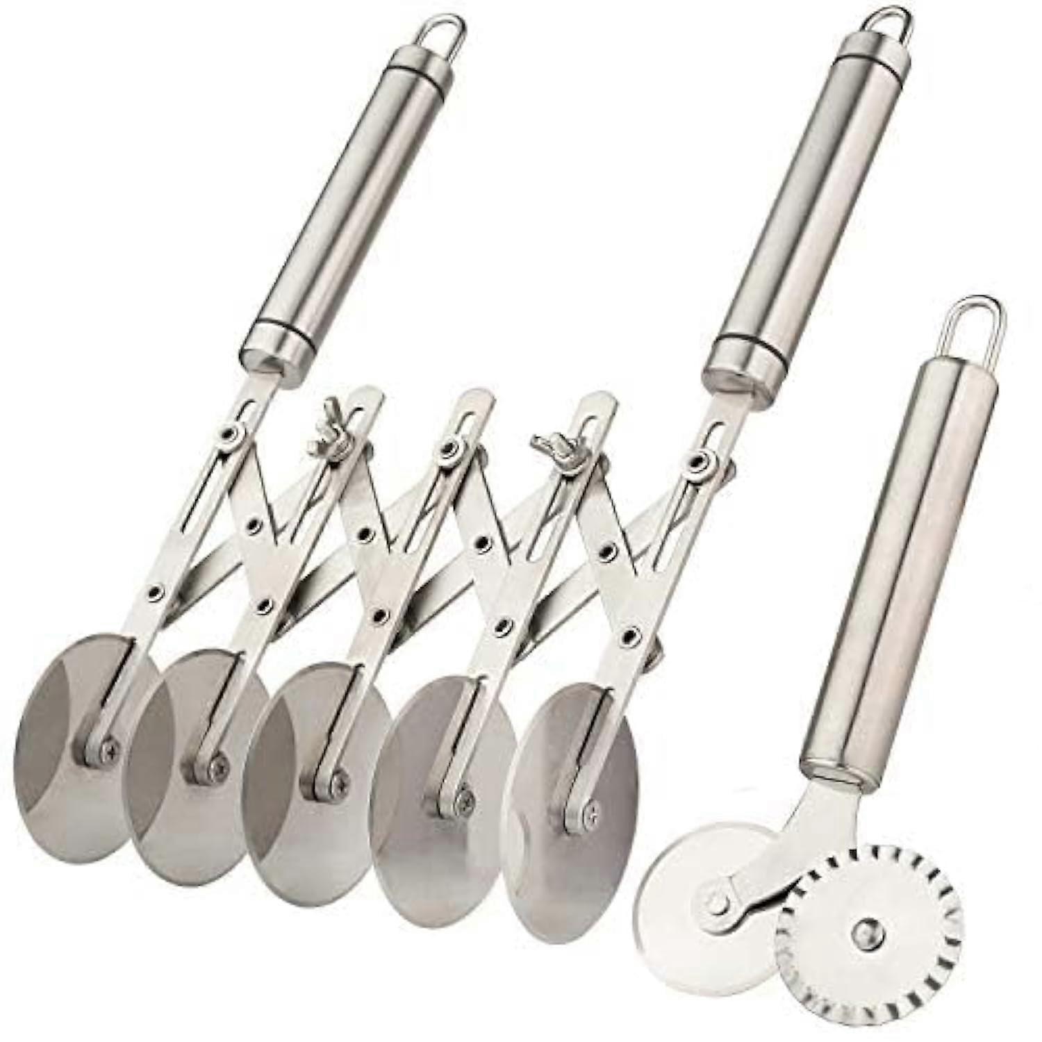 5-Wheel Dough Cutter Set of 2 - Adjustable Stainless Steel Pizza Slicer and Round Pastry Wheel for Baking