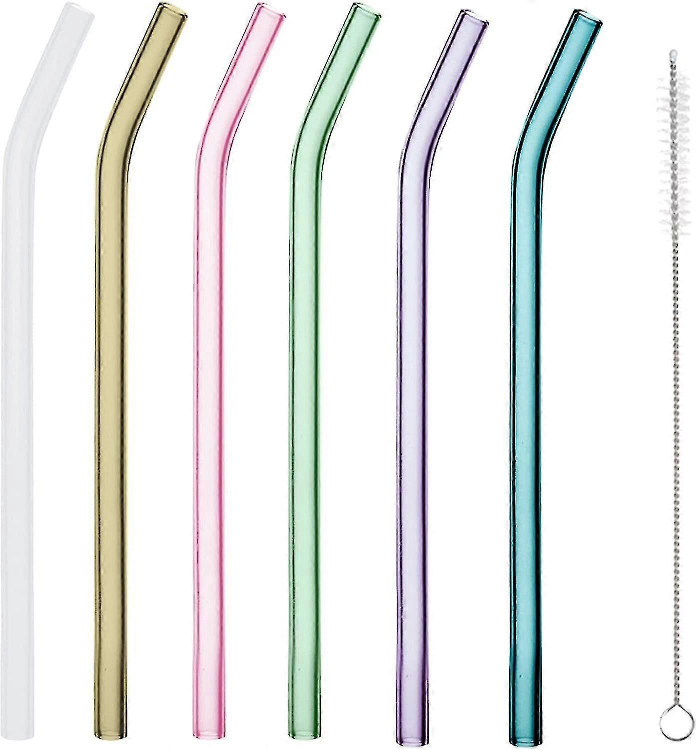 القش الزجاجي، 6 العصي، القش الزجاج الملونة مع فرشاة التنظيف، 0.8 × 20 سم، صديقة للبيئة، بنت، القش الزجاج القابلة لإعادة الاستخدام للكوكتيلات، S
