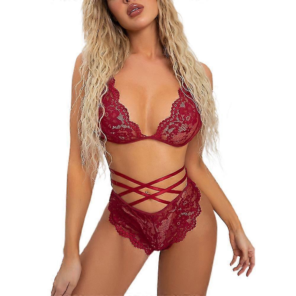 Boeyaa Femmes Dentelle Voir à travers Babydoll Lingerie Soutien-gorge Taille Haute Tongs Set Sexy Ni