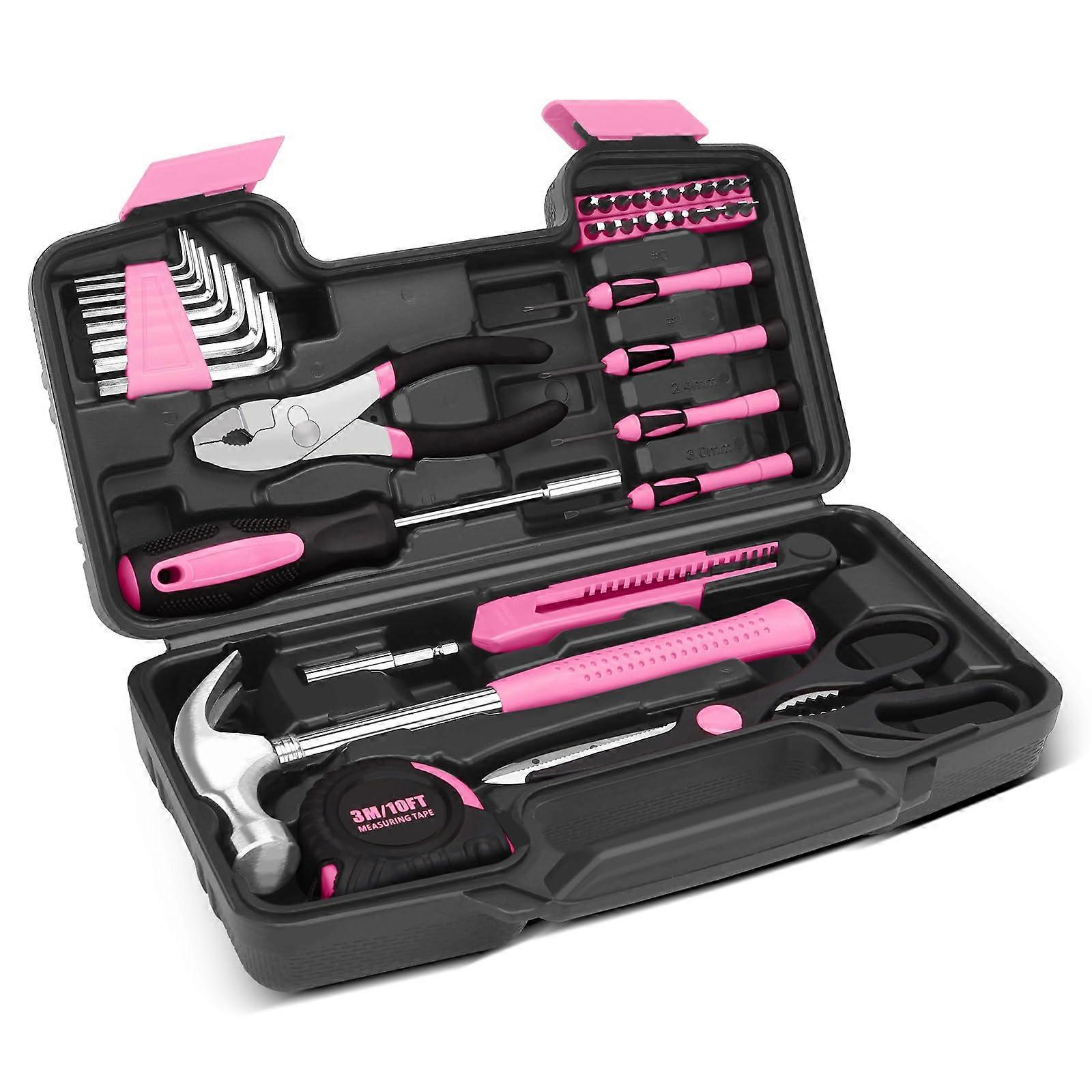39 Piece Tool Set, Tool Kit for Home, Small Basic Hand Tools with Plastic Toolbox for Men, Women, Ideal for Household, Repair, Pink