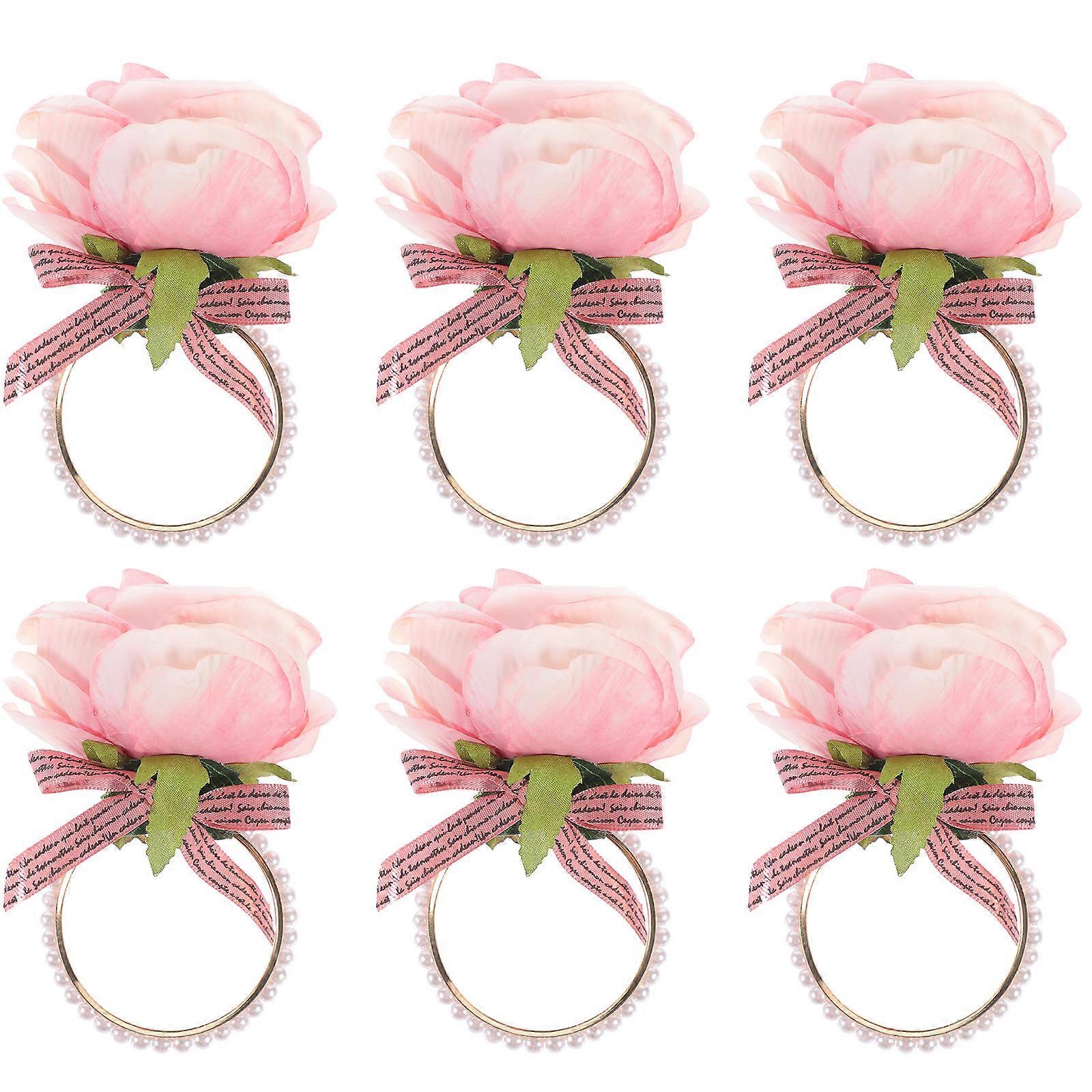 6pcs Pearl & Rustic Pink Rose Napkin Rings, Artificial Flower Holders for Table Decoration, Fade Resistant Serviette Rings for Weddings & Parties