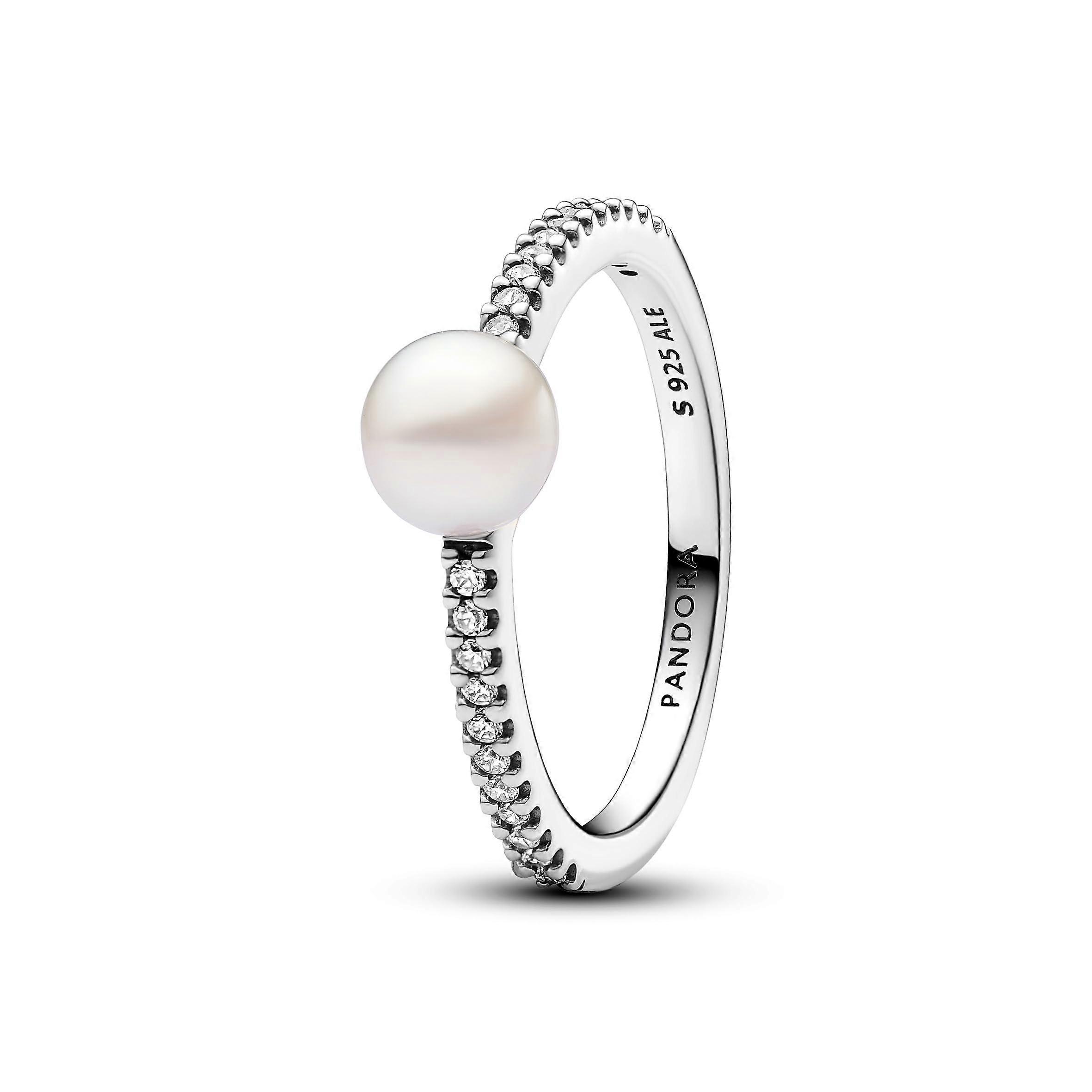 Timeless Sterling Silver Ring with White Treated Freshwater Cultured Pearl and Clear Cubic Zirconia 54