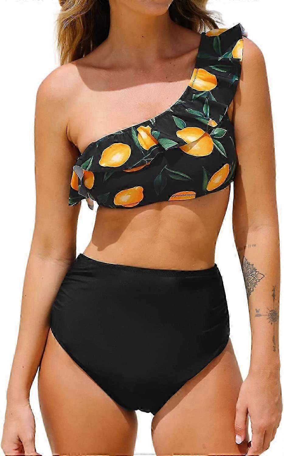 Kadın Bikini Seti Tek Omuz Fırfırlı Bikini Mayo Yüksek Bel Karın Kontrolü İki Parça Mayo Mayo