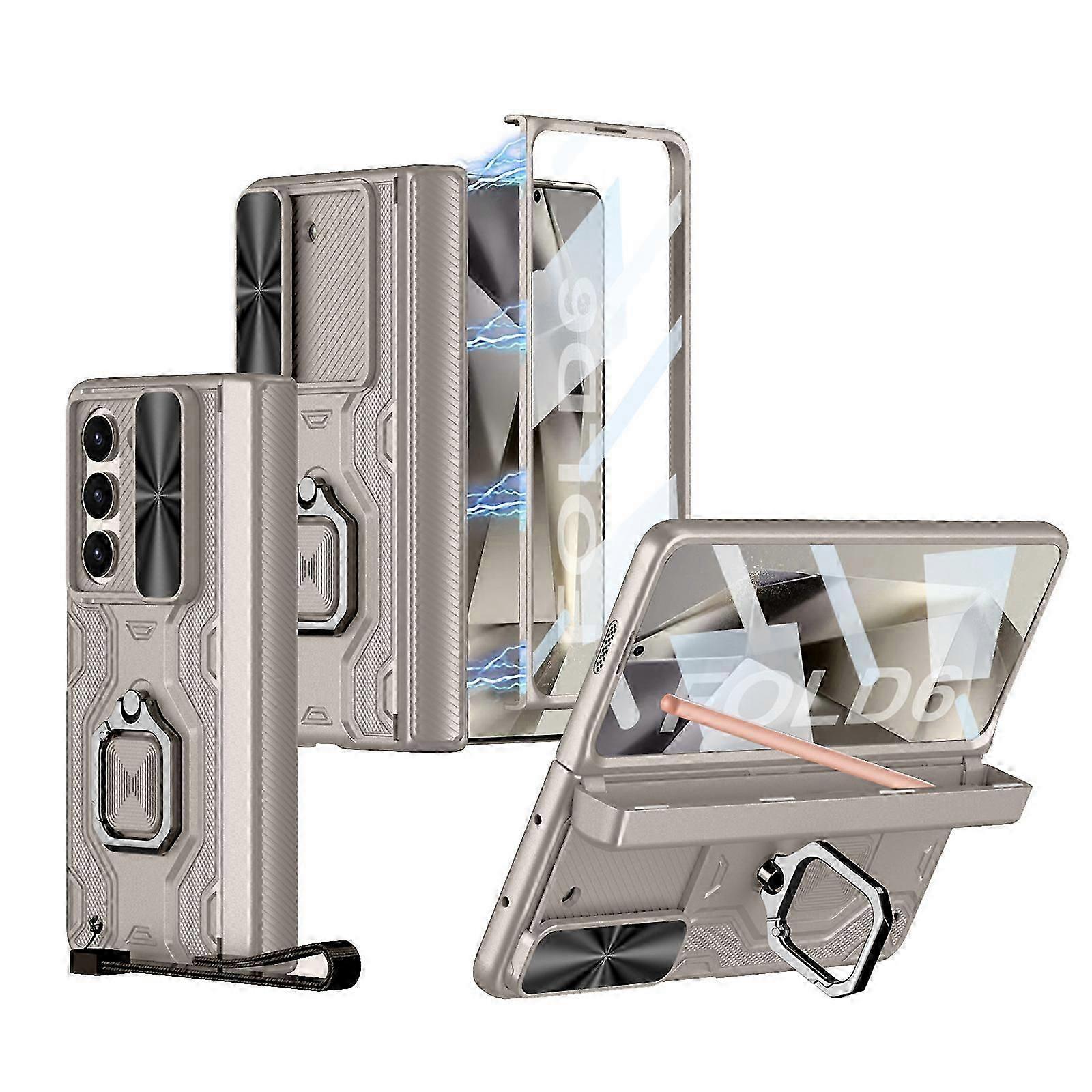 for Samsung Galaxy Z Fold 6 Case with S Pen Holder & Ring Kickstand & Slide Camera Cover & Front Screen Protector & Magnetic Hinge Protection & Strap