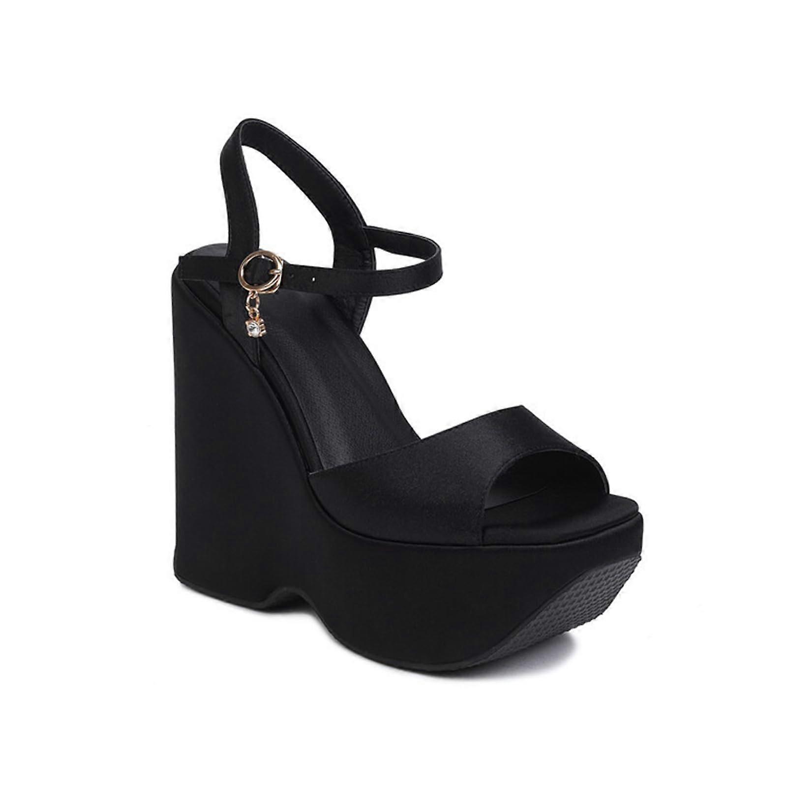 Women's Open Toed Sandals with Thick Bottom Slope Heel, Ankle Buckle, 12 cm High Heels, Size 41 EU, Black
