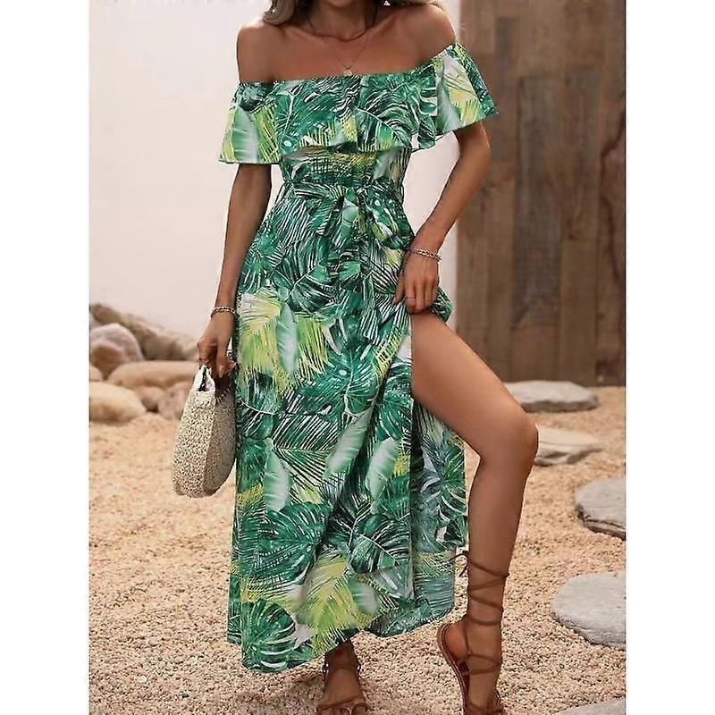 Summer Women's Floral Printed One Neck Ruffle Split Dresses