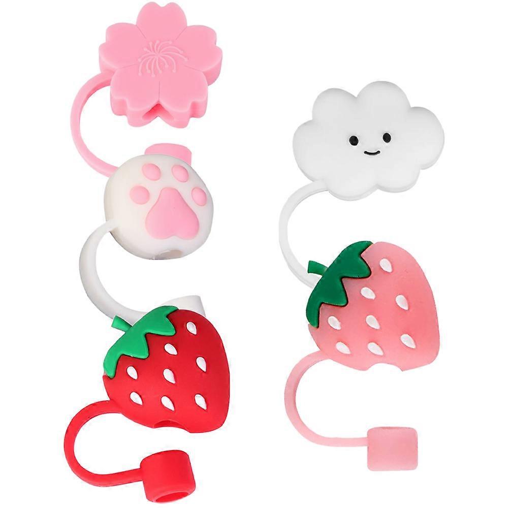 Cute Cartoon Straw Cover Caps Suitable For Gatherings Picnic Party Assorted Color Dust-Proof 5Pcs