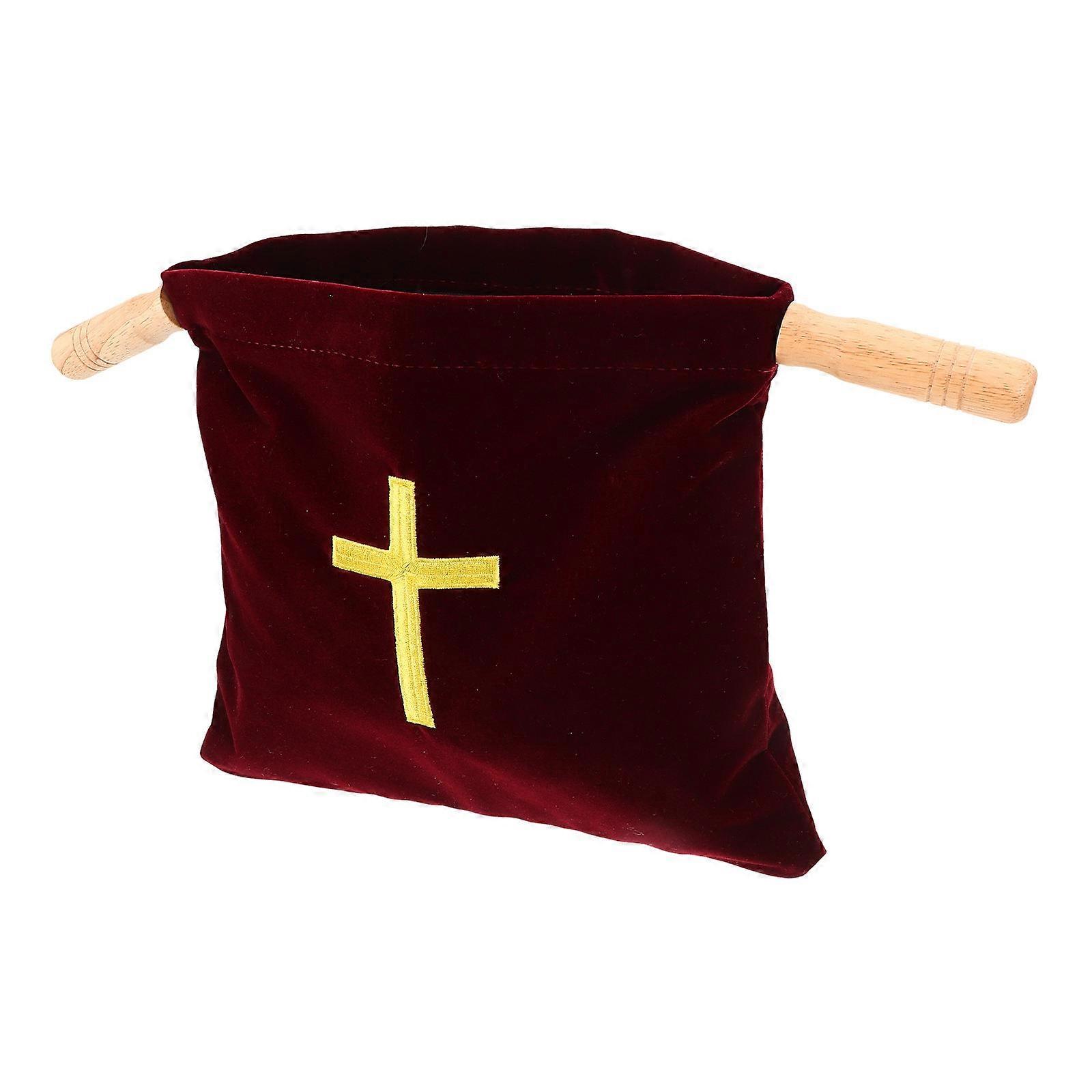 Holy Communion Bag with Embroidered Cross Design for Church Needs and Religious Occasions Red Wooden Fabric Large Capacity