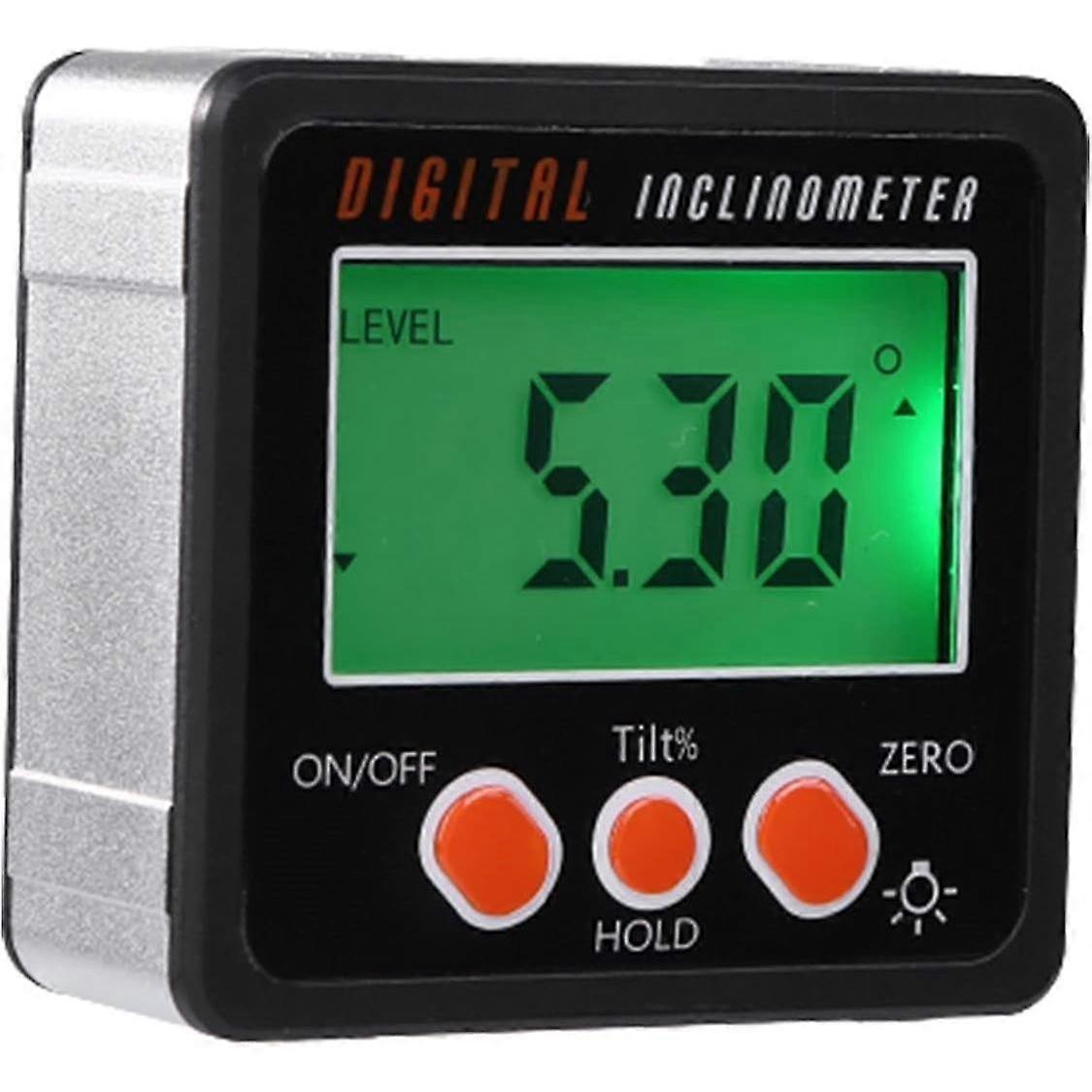 Digital inclinometer with magnetic base, battery, and screwdriver for precise wood cutting and auto repair
